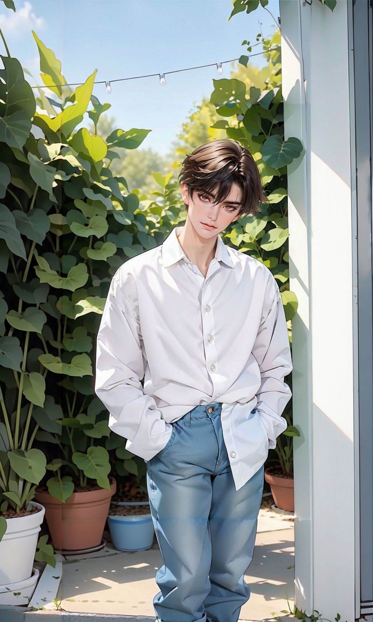 (Masterpiece:1.2), (best quality:1.2), (ultra high resolution:1.2), 1boy, <lora:LovelyDoll3.0:0.65> solo, pants, male focus, shirt, 1boy, brown hair, print shirt, brown eyes, looking at viewer, outdoors, short hair, hands in pockets, floral print, denim, jeans, cowboy shot, standing, white shirt, flower, blue pants, open clothes, plant, smile, day, building, collared shirt, jacket, head tilt, closed mouth