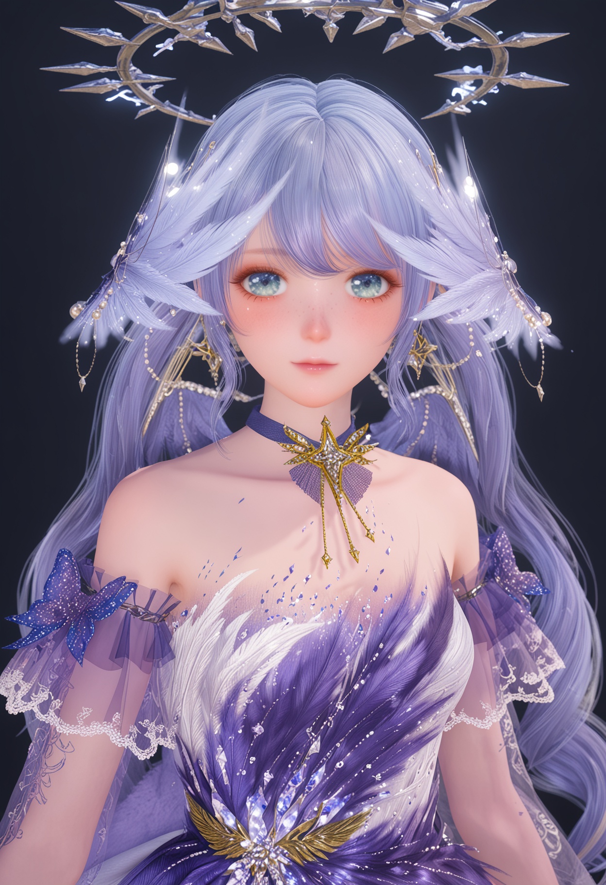 (upper_body:1.2),(looking at viewer:1.1),facing viewer,direct gaze,<lora:YQ_pony_nuannuan21_chiyubuyu_zhigengniaoranse_V4:0.8>,see-through,see-through long_sleeves,1girl,solo,long hair,dress,jewelry,earrings,choker,purple dress,blue hair,purple hair,hair ornament,blue eyes,twintails,purple choker,ornate golden halo-like crown featuring intricate leaf patterns.,BREAK (white skin:1.1),(fair skin:1.1),(Ivory skin:1.1),(shiny skin),perfect anatomy,(simple background,pure black background,black background:1.1),