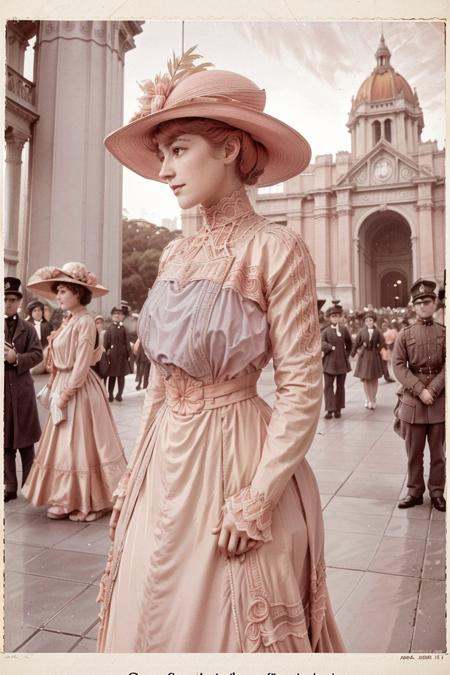 medium closeup,  vintage color photograph of a beautiful woman wearing a peach dress and a hat at the Panama Pacific Inter...