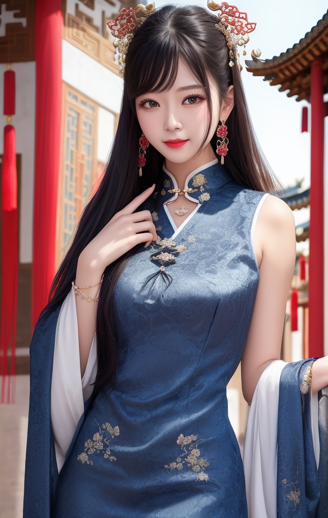 best quality, masterpiece, highres, 1girl,china dress,Beautiful face, hair ornament, solo,looking at viewer,smile,closed mouth,lips, dress,hair ornament, necklace, jewelry, long hair, earrings, chinese clothes, architecture,east asian architecture <lora:GuoFeng3.2_Lora_light:1>