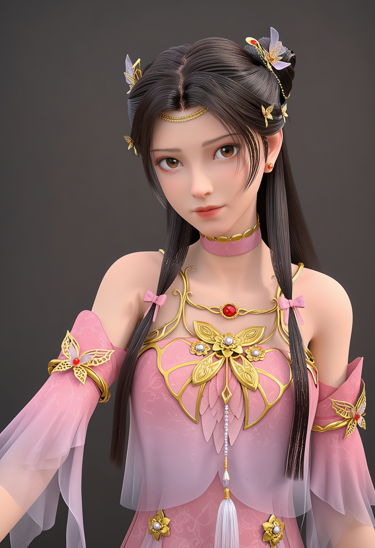 (upper_body:1.2),(looking at viewer:1.1),facing viewer,direct gaze,<lora:YQ_pony_tianlinger_V5:0.8>,q1528437228,1girl,solo,jewelry,long hair,hair ornament,earrings,dress,brown hair,choker,black hair,brown eyes,detached sleeves,hair bun,bracelet,necklace,sandals,BREAK simple background,pure black background,black background,perfect anatomy,