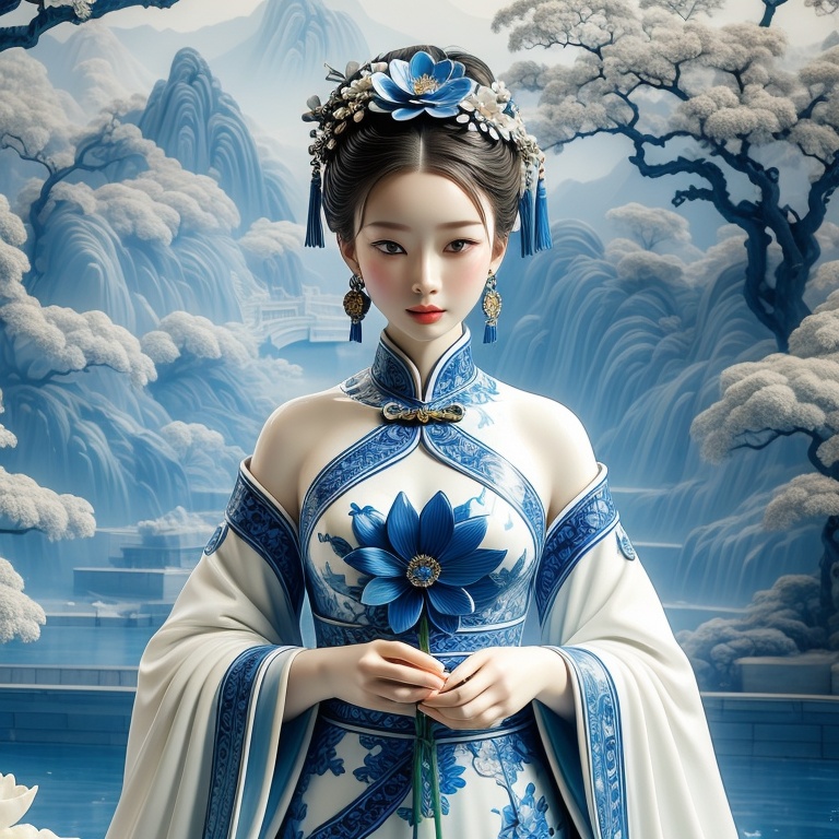 <lora:qinghua-000000:0.7>,HDR,UHD,8K,Highly detailed,best quality,masterpiece,qinghuaci, 1girl, flower, solo, hair ornament, jewelry, earrings, chinese clothes, holding, hair flower, white flower, mole, looking at viewer, water, mole under eye, tassel, dress, realistic, blue eyes, wide sleeves, bare shoulders, brown hair, long sleeves, cup, mountain, stairs, tree, holding flower, architecture, upper body, detached sleeves, closed mouth, breasts, blue flower, lips, hair bun, floral print