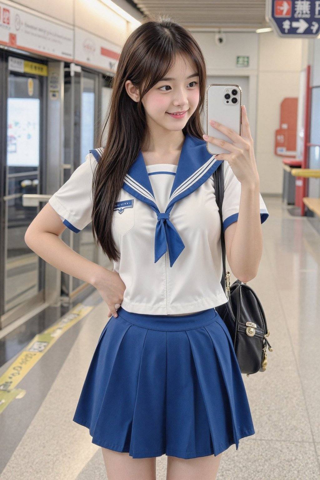一位年轻女孩,  身穿白色和蓝色相间的衣服和百褶裙,  手拿着手机脸向侧面微笑自拍 on Tensor.Art