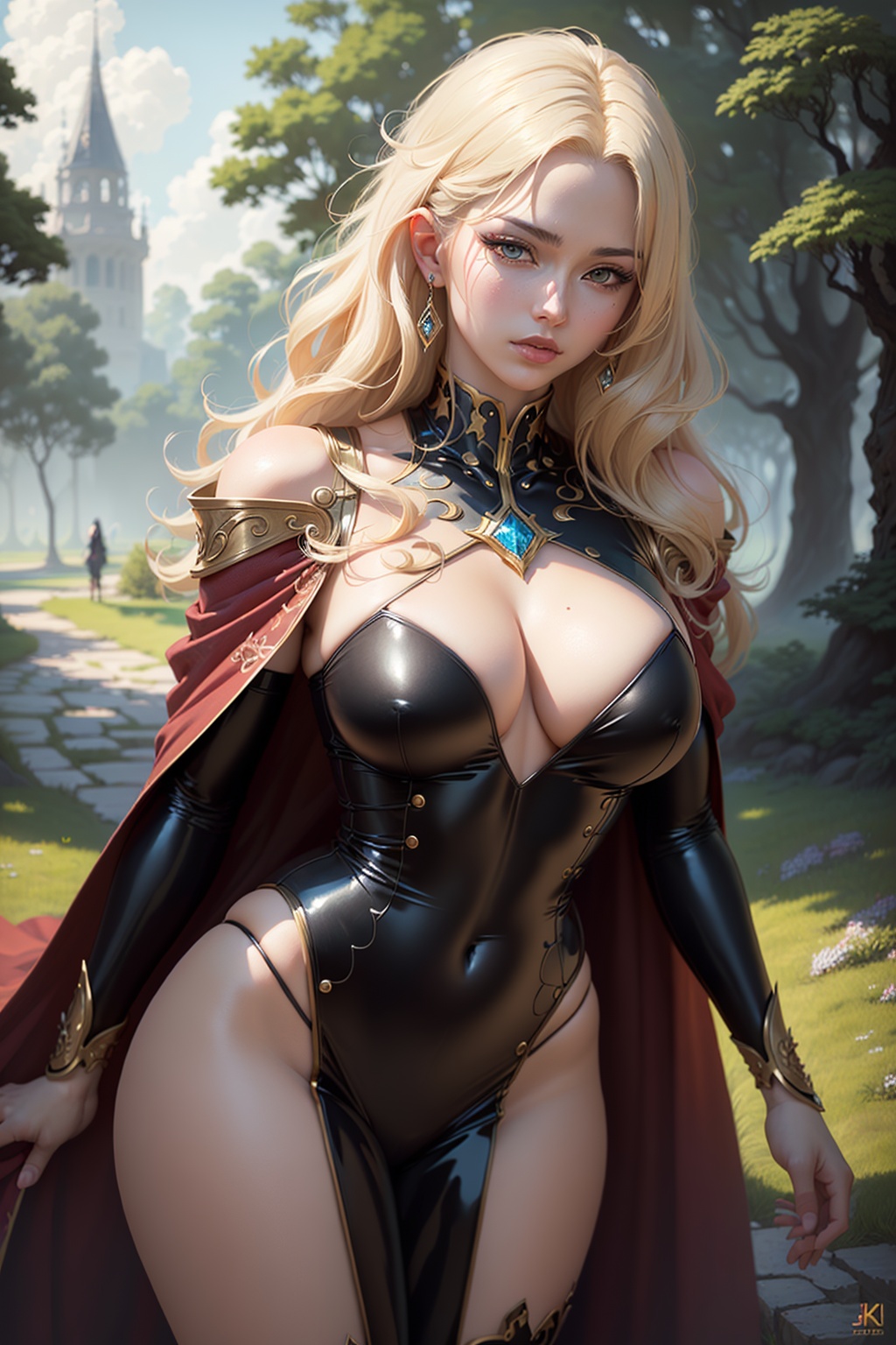 ((best quality)), ((masterpiece)), (detailed), woman in latex outfit, striking pose, (Yang J:1.2), (fantasy art:1.1), (realistic anime art style:1.3), serene park background, elegant robe, intricate detailing, (extremely high details:1.3), (8k resolution:1.2)