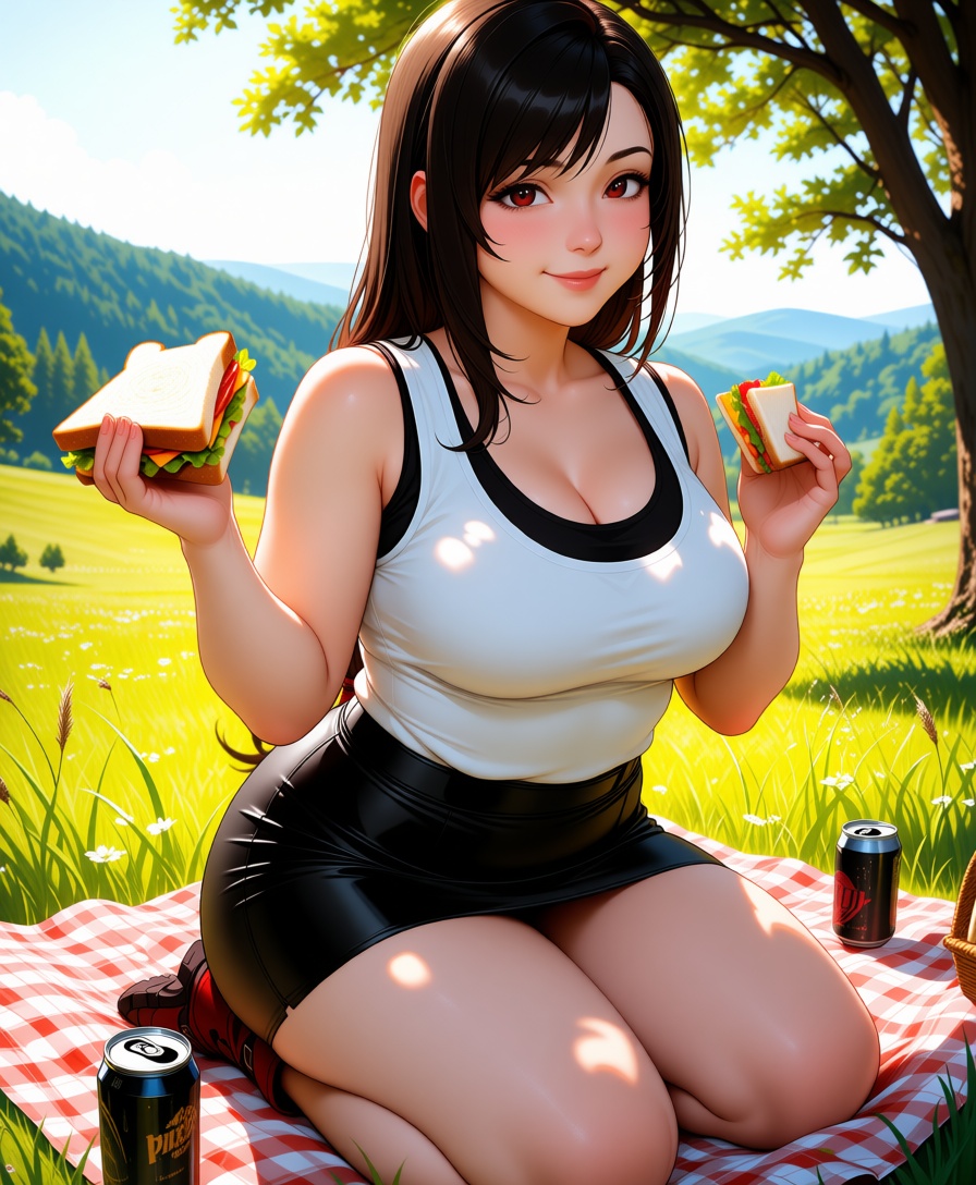 A beautiful,  slightly plump young woman with Tifa's distinctive face sits on a picnic blanket in a sunny grassy meadow,...