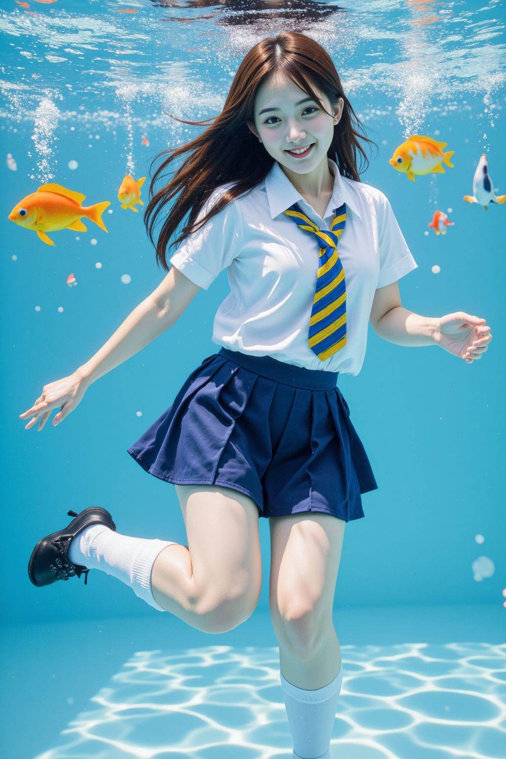 HDR photo of cinematic film still. This is a vibrant, underwater photograph of a young woman swimming gracefully in clear, blue water. She is dressed in a traditional Japanese schoolgirl uniform, consisting of a white blouse with a blue and yellow striped tie, a navy blue pleated skirt, and white knee-high socks paired with black shoes. Her long, dark brown hair flows freely around her face, which is adorned with a bright smile. The woman's skin is fair, and she appears to be of East Asian descent.Surrounding her are several colorful fish, including a yellow fish with a black spot, adding a playful and whimsical element to the image. The water is crystal clear, allowing for a detailed view of the fish and the woman's body. The background consists of soft, blurred reflections of light, creating a serene and dreamy atmosphere. The woman's arms are outstretched, and her legs are bent, suggesting a playful or carefree swim. The overall composition is dynamic, with the woman's movement and the fish adding motion to the stillness of the water. The photograph captures a sense of joy and freedom, blending the everyday schoolgirl uniform with the underwater fantasy.