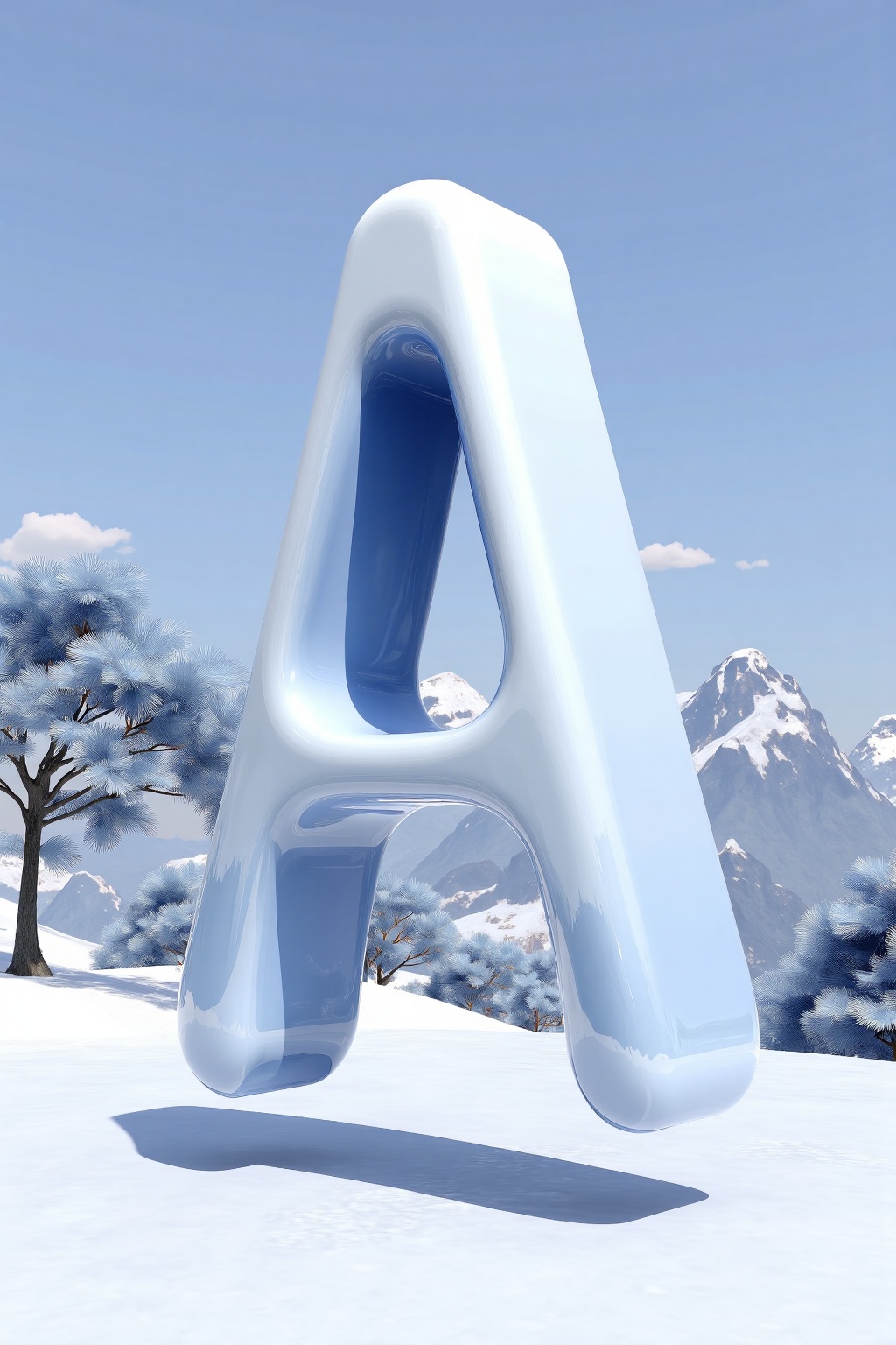 beijihui,A 3D sculpture of a huge letter 'A' stands out against the backdrop of snow covered mountains. This sculpture is a vibrant blue shadow that casts a shadow on the snow below it. To the left of the sculpture is a tree covered in snow, adding a touch of warmth to the scene. The sky is a soft blue, dotted with a few small clouds.
