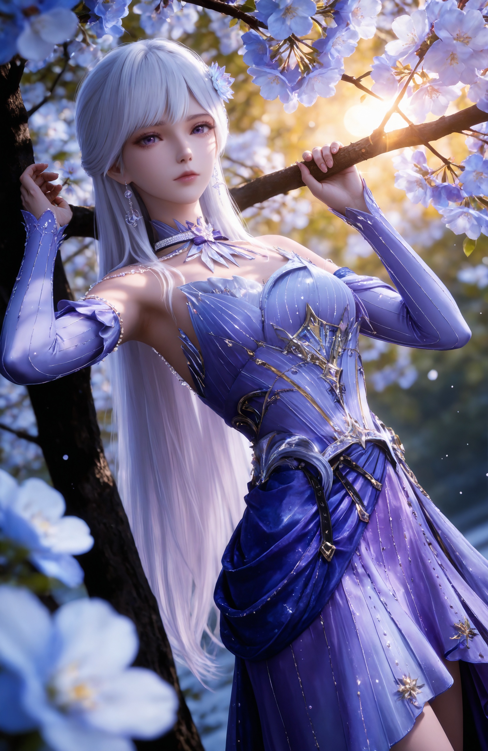 <lora:神印王座-圣采儿-190IL:0.7> 1girl, long hair, hair ornament, white hair, purple eyes, hair flower, purple dress, detached sleeves, high heels, realistic style photo,outstanding style,Use soft lighting to cast gentle shadows on the subject,adding a touch of dimension to your images without compromising details,whirls of vapor,(Anime:1.1),soft neon light,ethereal ambiance,delicate details,magical atmosphere,concept art,highly detailed,ultra-high resolution,32K UHD,sharp focus,best-quality,masterpiece,golden hour,unconventional supreme masterpiece,masterful details,temperate atmosphere,with a high-end texture,in the style of fashion photography,magazine style,Dynamic Angle,Dynamic posture,magazine style,Dynamic Angle,Dynamic posture,(cowboy_shot:1.2),eye trail,depth of field,cinematic lighting,lens flare,close-up,extreme aesthetic,(wlop:0.6),(honjou raita,lack,rella,wanke:0.5),masterpiece,best quality,good quality,newest,year 2025,very aesthetic,absurdres,Visual impact,A shot with tension,ultra-high resolution,32K UHD,sharp focus,best-quality,masterpiece,Emotionalization,unconventional supreme masterpiece,masterful details,temperate atmosphere,with a high-end texture,in the style of fashion photography,(Visual impact:1.2),giving the poster a dynamic and visually striking appearance,, solo,  upper body, blue flower, looking at viewer, snowflakes, closed mouth, branch,