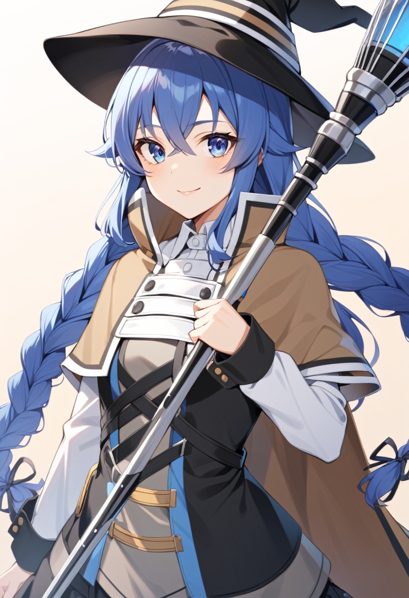 solo, 1girl, roxy migurdia, slight smile, looking at viewer, holding staff, twin braids, witch hat, brown cape, shirt, long sleeves, black skirt <lora:mushokutensei_roxymigurdia_xl-000004:1>