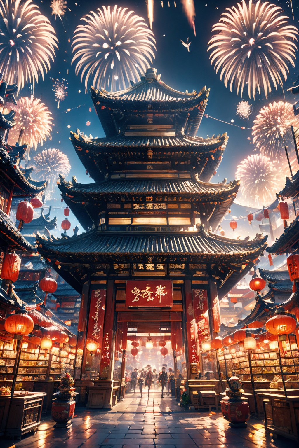 <lora:ChineseNewYear:0.8>, chinese new year, ChineseNewYearStyle, fireworks, lantern, architecture, night, east asian architecture, scenery, paper lantern, sky, night sky, food, aerial fireworks, outdoors, box, building, stairs, no humans, black hair