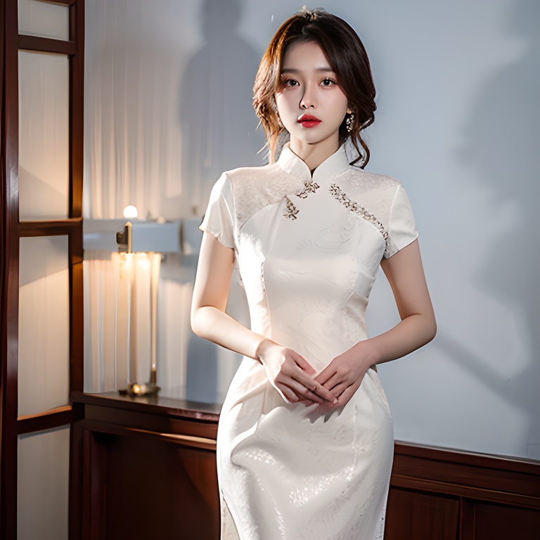 1girl, white_cheongsam <lora:旗袍:0.8>white_cheongsam