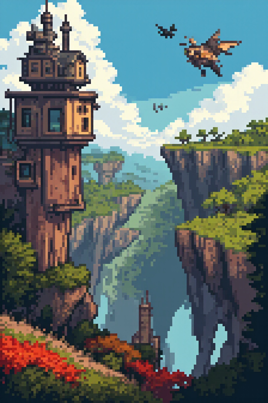 style of aziib_pixel,  a ybeautiful steampunk landscape with flying blimb. on Tensor.Art