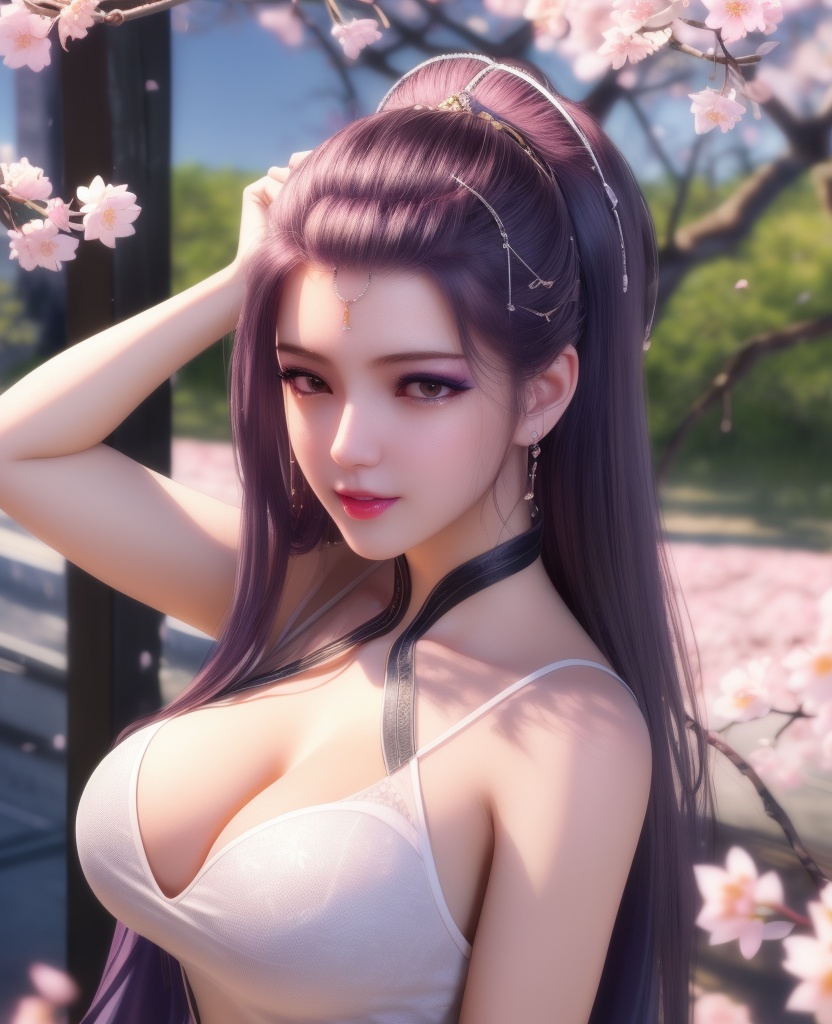 <lora:559-DA-少年歌行-月姬:0.8>(,1girl, ,best quality, ),looking at viewer,  ultra detailed background,ultra realistic 8k cg,ultra detailed 8k cg,masterpiece,upper body,  (( , )),, ,science fiction,mole, ultra realistic 8k cg, ,    ,outdoors, sun,sunlight, cherry blossoms,      (cleavage), (),
