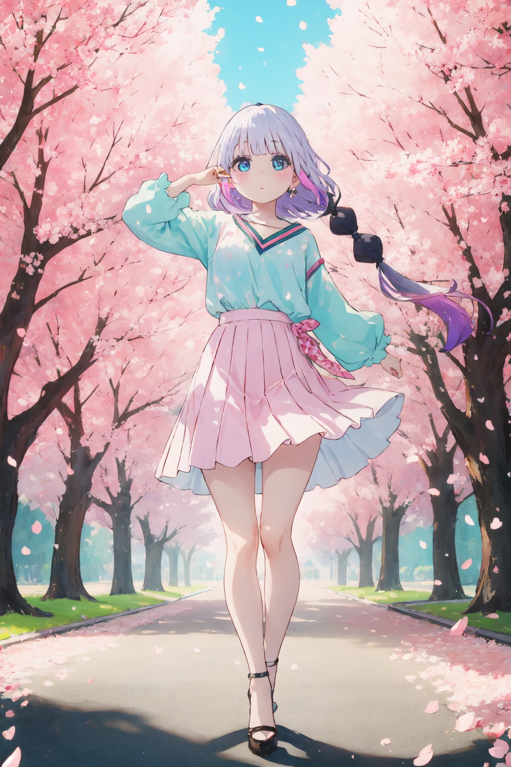 <lora:Kanna-000015:0.9>,kanna cyql,1girl,looking at viewer,solo,long hair,purple hair,blunt bangs,twintails,low twintails,multicolored hair,blue eyes,child,Frilled white shirt tucked into a high-waisted pleated maxi skirt with strappy heels,drunk,full_shot,With the spring breeze, cherry blossom petals flutter beneath the trees in a confetti of pink and white, dancing lightly with the wind. A subtle fragrance fills the air,(Bamboo shoots, Bamboo canopy, Misty atmosphere, Rustling leaves, Zen tranquility, Bamboo grove:0.5),beautiful detailed sky,beautiful detailed glow,posing in front of a colorful and dynamic background,masterpiece,best quality,beautiful and aesthetic,contrapposto,female focus,wallpaper,
