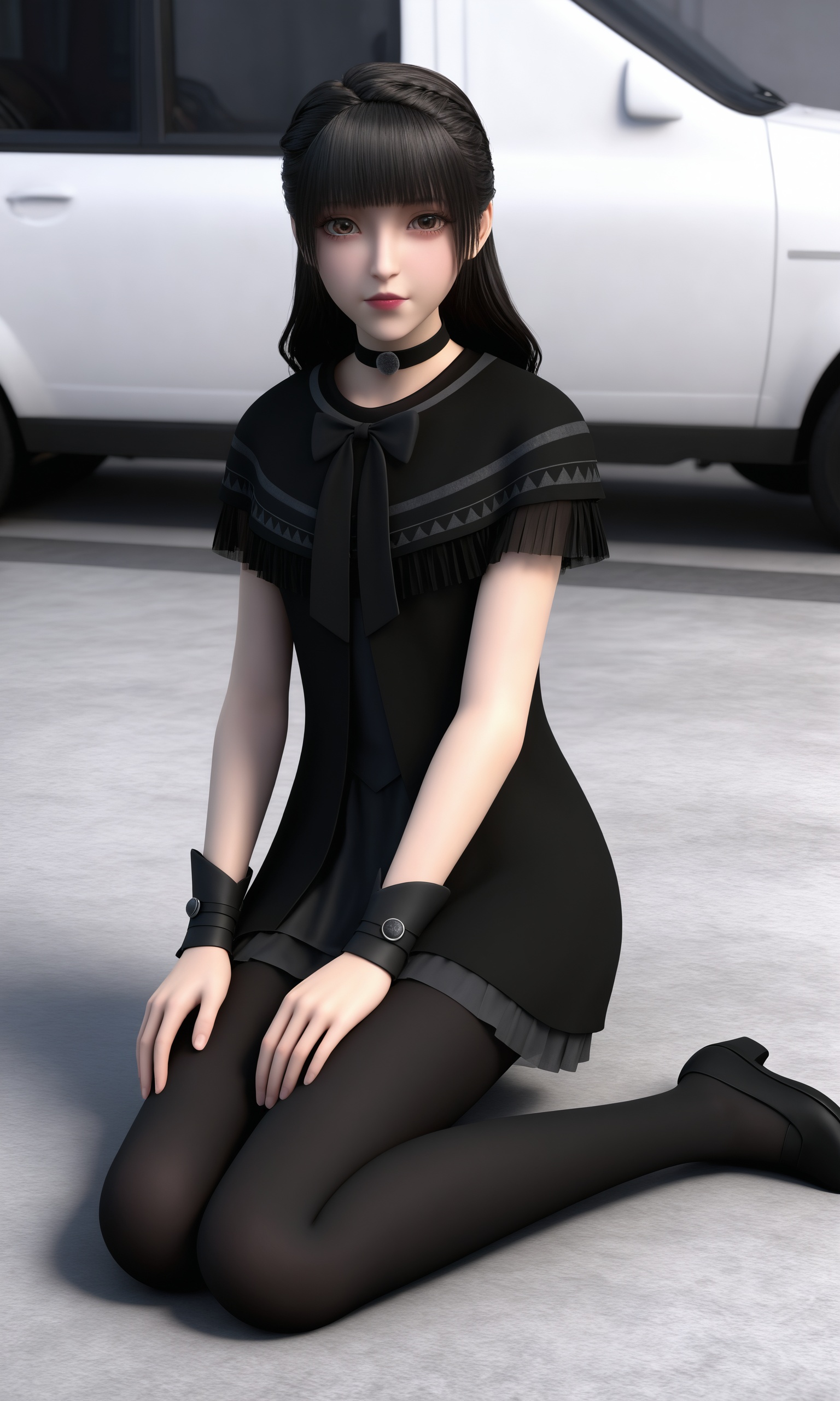 <lora:紫川-紫川宁-黑色睡裙Pony:0.8>,1girl,straight,jet-black hair,bangs,choker and,black,short-sleeved dress,high collar,large bow,flared skirt that ends at mid-thigh,black tights and black flats,seated on a smooth,light grey surface,looking at viewer,ground,