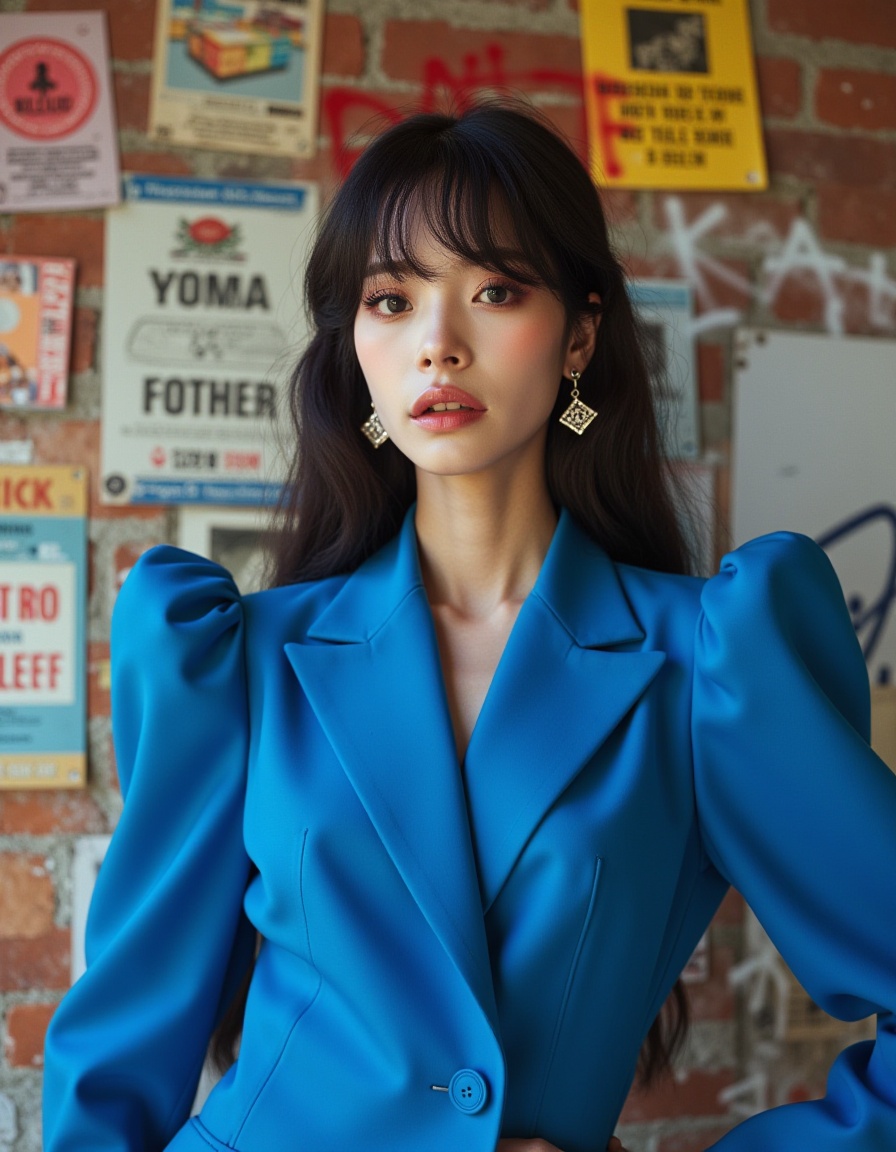 Bold vintage commercial portrait of young East Asian woman, age 20, with long black hair styled with dramatic volume and teasing, pristine fair skin, sharp facial features, wearing oversized blazer with strong shoulder pads in electric blue, geometric earrings, and bold makeup with dark eyeliner, standing against urban brick wall covered with colorful vintage graffiti and posters. Photographed with Nikon FM2, 50mm lens, aperture f/3.5, shutter speed 1/400s, ISO 400. High contrast natural daylight creating strong shadows and highlights. Focus on upper body with powerful, defiant poses. Authentic 1980s new wave aesthetic with intense, rebellious expression and bold fashion statement.