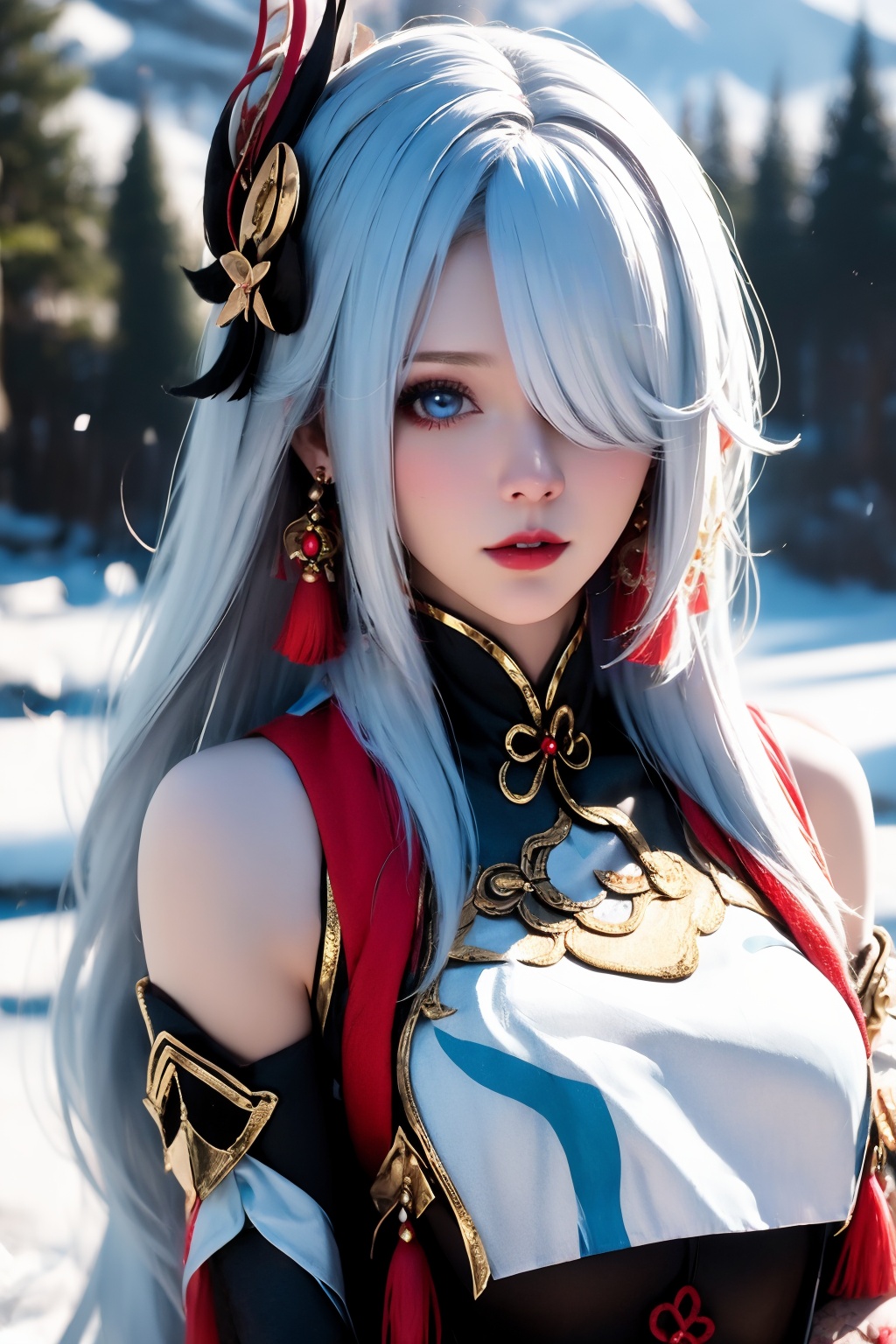 1girl, solo, shenhe \(genshin impact\), hair over one eye, long hair, jewelry, hair ornament, earrings, blurry background, blue eyes, upper body, white hair, breasts, blurry, outdoors, looking at viewer, snow, red lips, tassel earrings, bare shoulders, lips, parted lips, shoulder cutout, tassel, breast curtain, large breasts, gold trim, makeup, clothing cutout, artist name, mountain, signature, bodysuit, winter, realistic, braid, one eye covered, day, depth of field, nose, eyelashes, very long hair, tree, medium breasts, dress