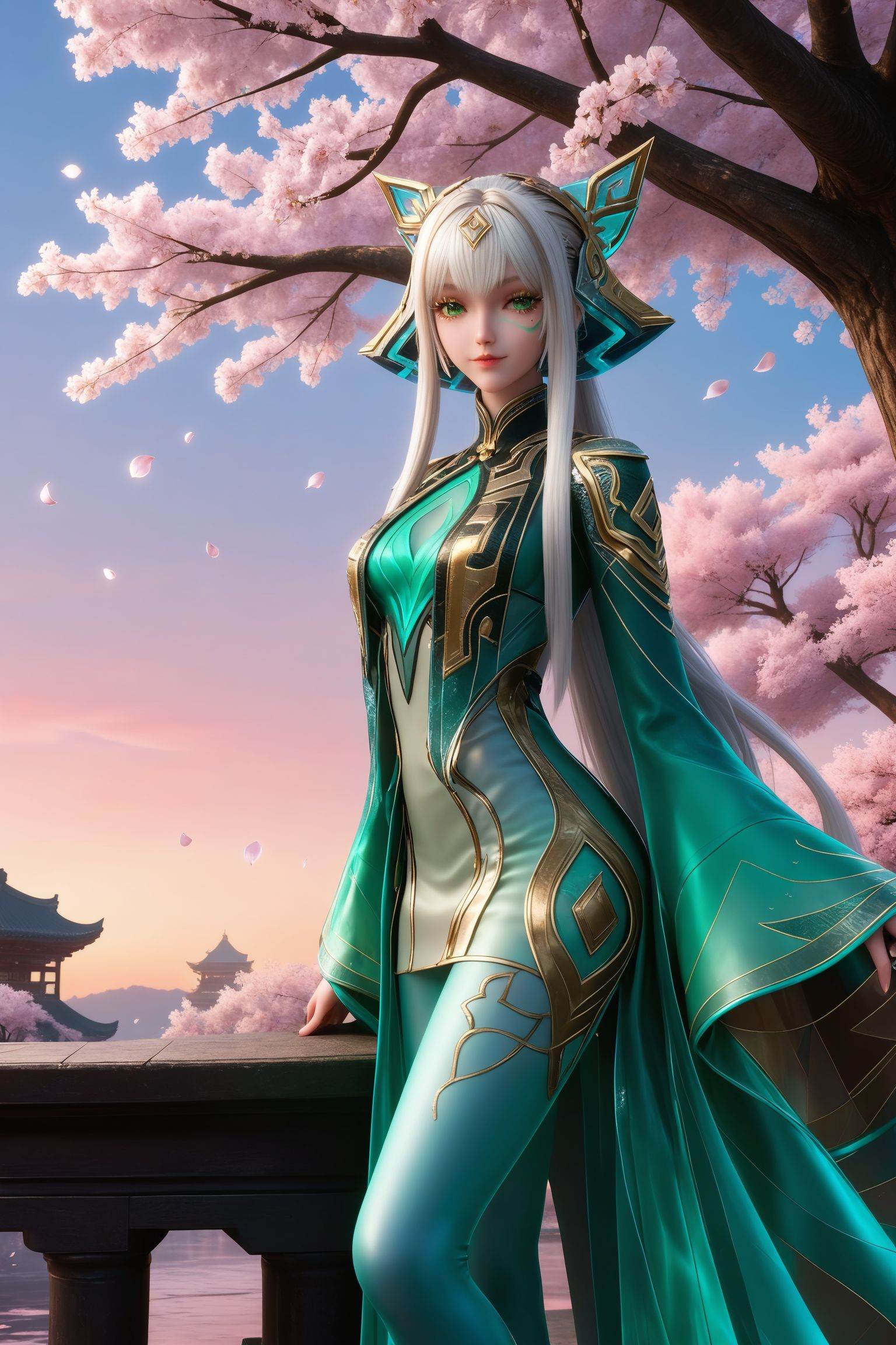 <lora:少司缘-巫礼祀神Pony:0.7>,1girl,long,flowing white hair,green eyes,headpiece,luxurious,high-collared,form-fitting teal and gold,with intricate patterns outfit,high collar,long,flowing sleeves,matching green high-heeled boots,masterpiece,best quality,solo,1girl,petals,looking at viewer,moon,branch,cherry blossoms,flower,extreme aesthetic,(quasarcake:0.7),masterpiece,best quality,good quality,newest,very aesthetic,absurdres,A shot with tension,(Visual impact,giving the poster a dynamic and visually striking appearance:1.2),impactful picture,offcial art,colorful,splash of color,movie perspective,