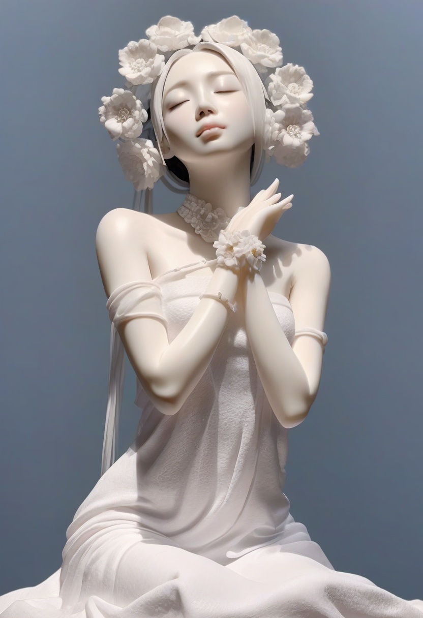 dehuabaici,puregirl<lora:dehuabaiciSDXL-000017:0.75> <lora:puregirl-000007:0.25>1girl,closed eyes,cyborg,flower,jewelry,simple background,skin made of porcelain,solo,