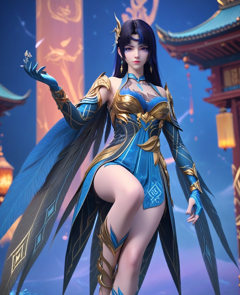(oriental architecture, elegant decor, sophisticated style:1.1),One leg crossed over the other while seated,(breasts:1.2),<lora:XL16大主宰九幽:0.95>,miss jiuyou,armor,boobplate,purple eyes,braid circlet,makeup,black hair,blue streaked hair,long hair,hair ornament,sternum tattoo,rerebrace,left hand single glove with blue,blue wings cape,blue lower leg decoration, blue overskirt, zPDXL2, score_9, score_8_up, score_7_up BREAK realistic, masterpiece,best quality, highly detailed,, zPDXL3, zPDXL2,zPDXL, zPDXLxxx, zPDXLrl,