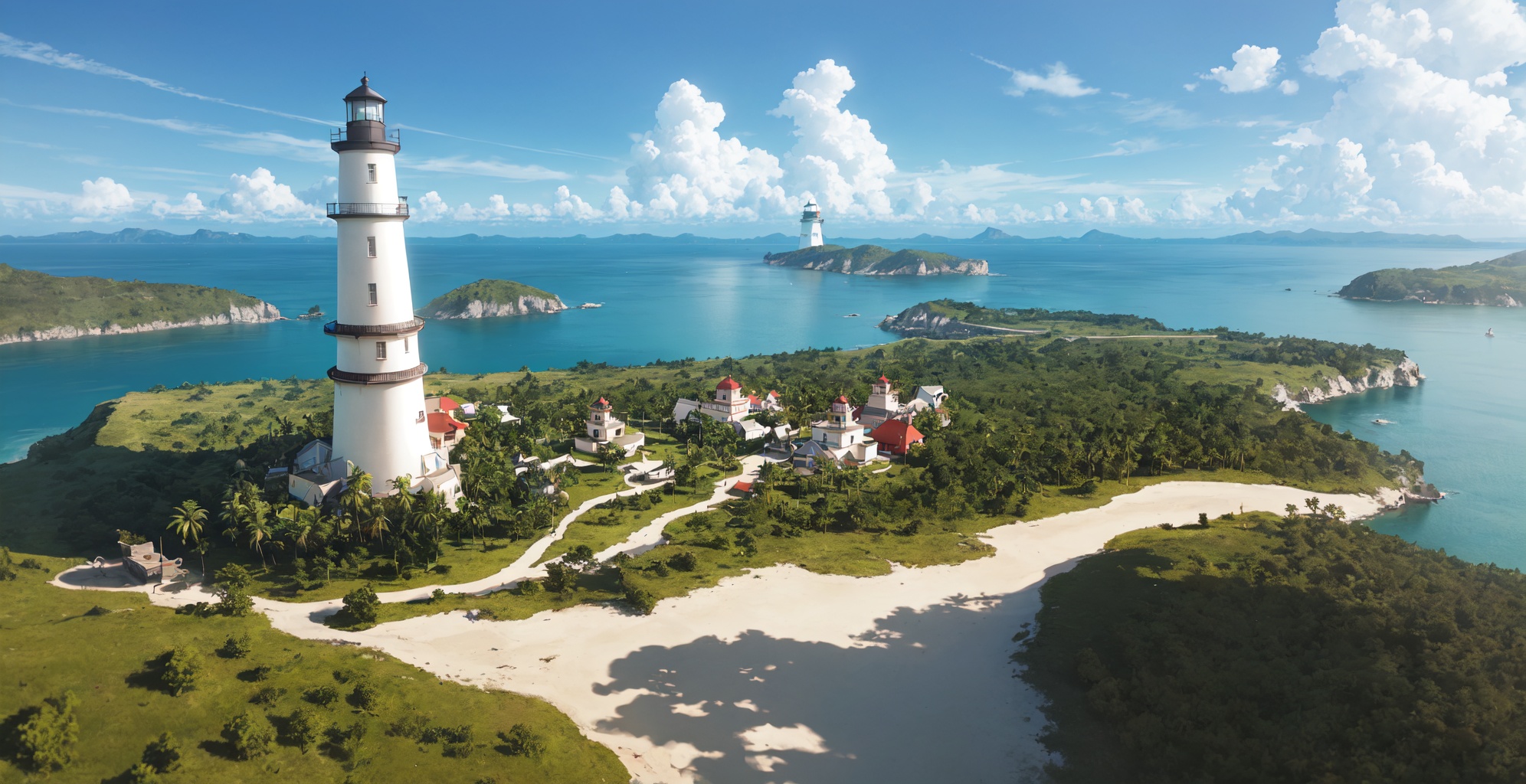 Islands, lighthouses, pirate ships, coconut trees, waves, islands, reefs, grasses, fruits, rainforests，Large perspective, elevated view,(Wide Angle:1.3，masterpiece,best quality.Amazing,atmosphere,epic,3d,8k，depth of field,.