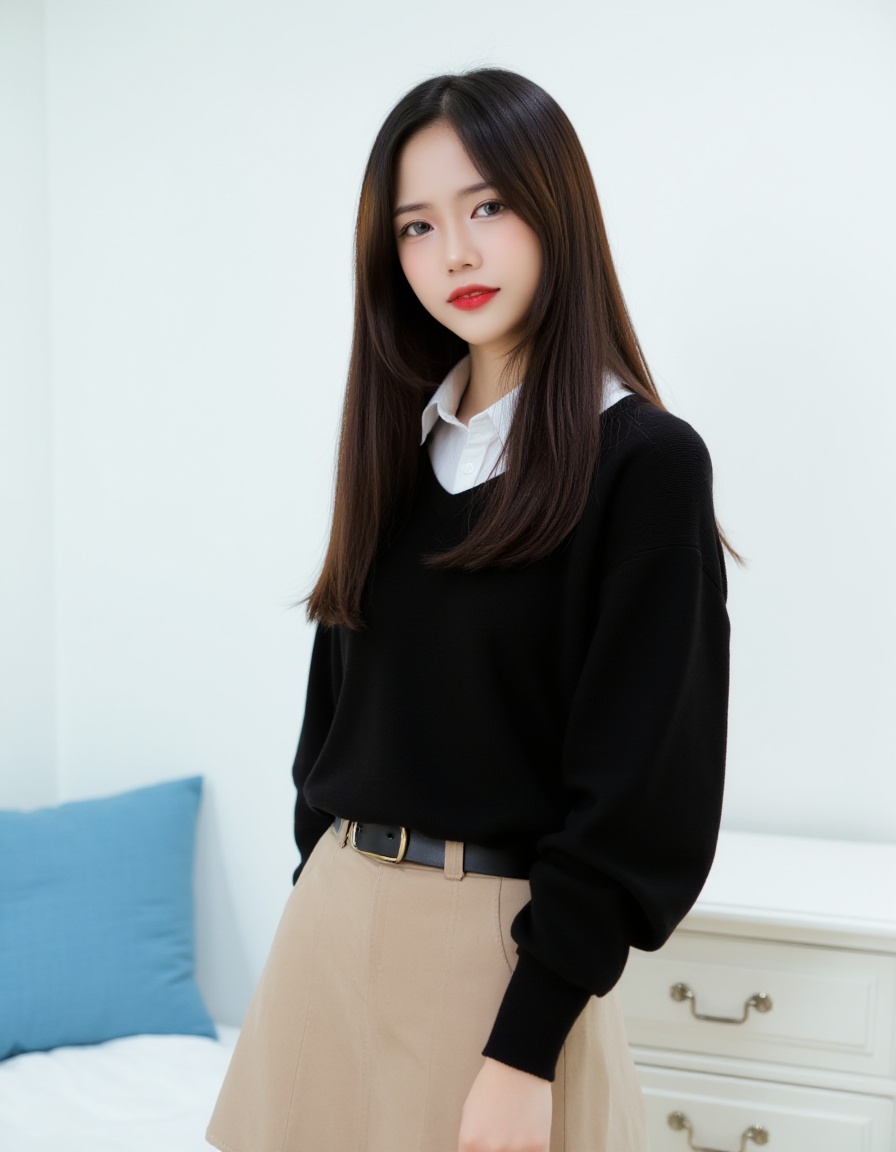 a young Asian woman stands in front of a white dresser. She is wearing a black long-sleeved sweater,a white collared shirt,and a tan skirt with a black belt. Her hair is long and cascades down to her shoulders,framing her face. She has a bold red lipstick on her lips,adding a pop of color to her lips. The backdrop is a stark white wall,and the dresser is adorned with a silver handle. To the left of her,a bed with a white sheet and a blue pillow is visible.,
