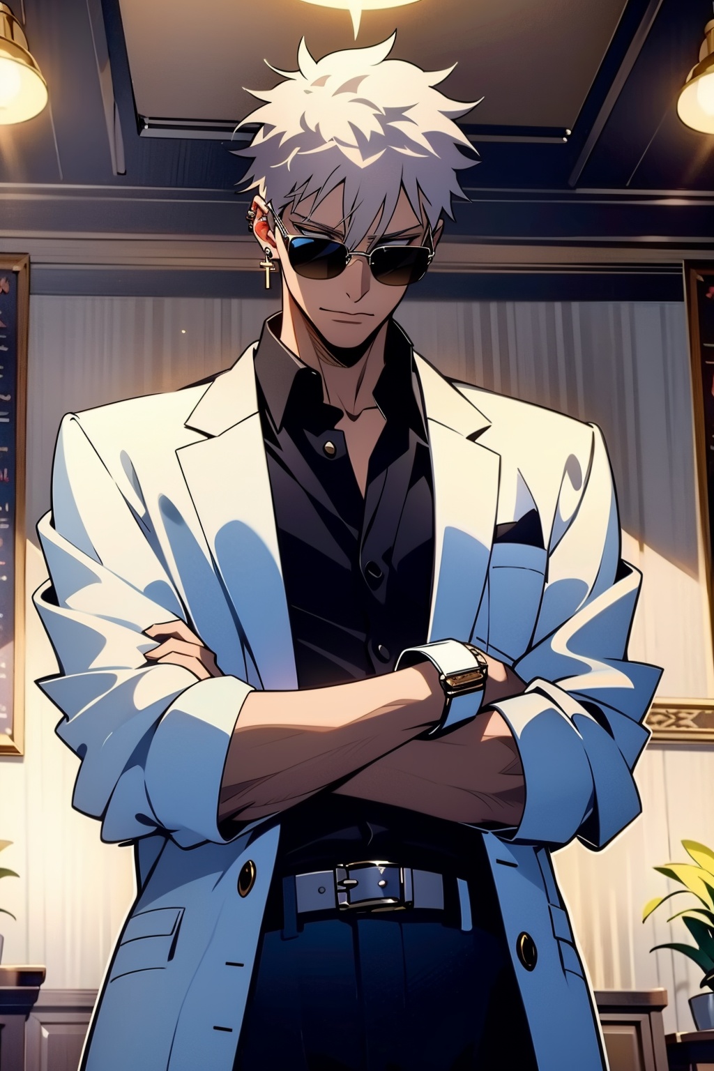 FF,(masterpiece:1.2),best quality,highres,extremely detailed CG,perfect lighting,8k wallpaper,anime,comic,game CG,1boy, male focus, shirt, blue eyes, white hair, sunglasses, watch, short hair, belt, wristwatch, white shirt, hair between eyes, looking at viewer, solo, closed mouth, bangs, white pants, pants, collared shirt, ear piercing, piercing, cowboy shot, jewelry, gloves, crossed arms, earrings, white gloves, long sleeves, striped, black belt, upper body, gojou satoru, white jacket, jacket, standing, indoors