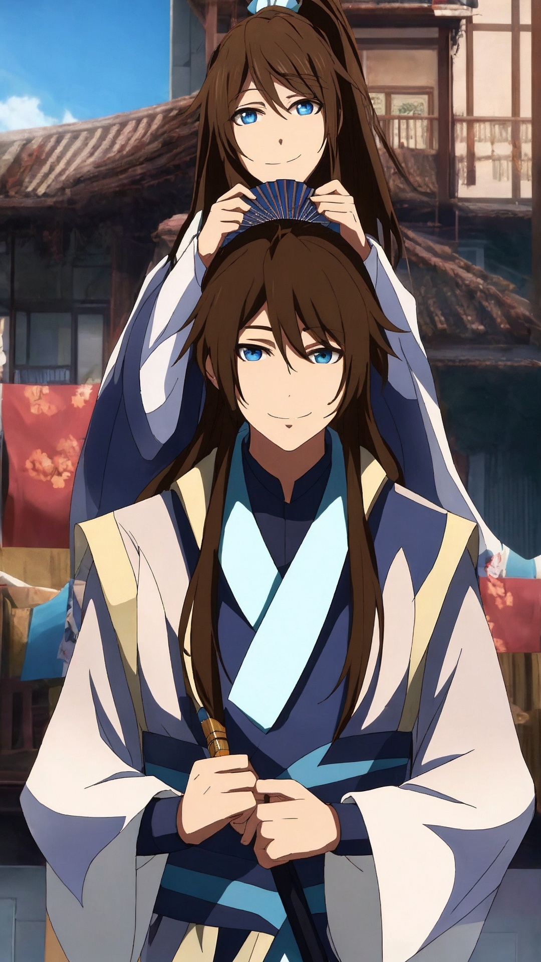 long hair, blue eyes, hand fan, black hair, folding fan, brown hair, ponytail, multiple boys, 1boy, sky, male focus, 2boys, folded fan, smile, wide sleeves,<lora:boy baixiaochun_20240911193625:0.7>,