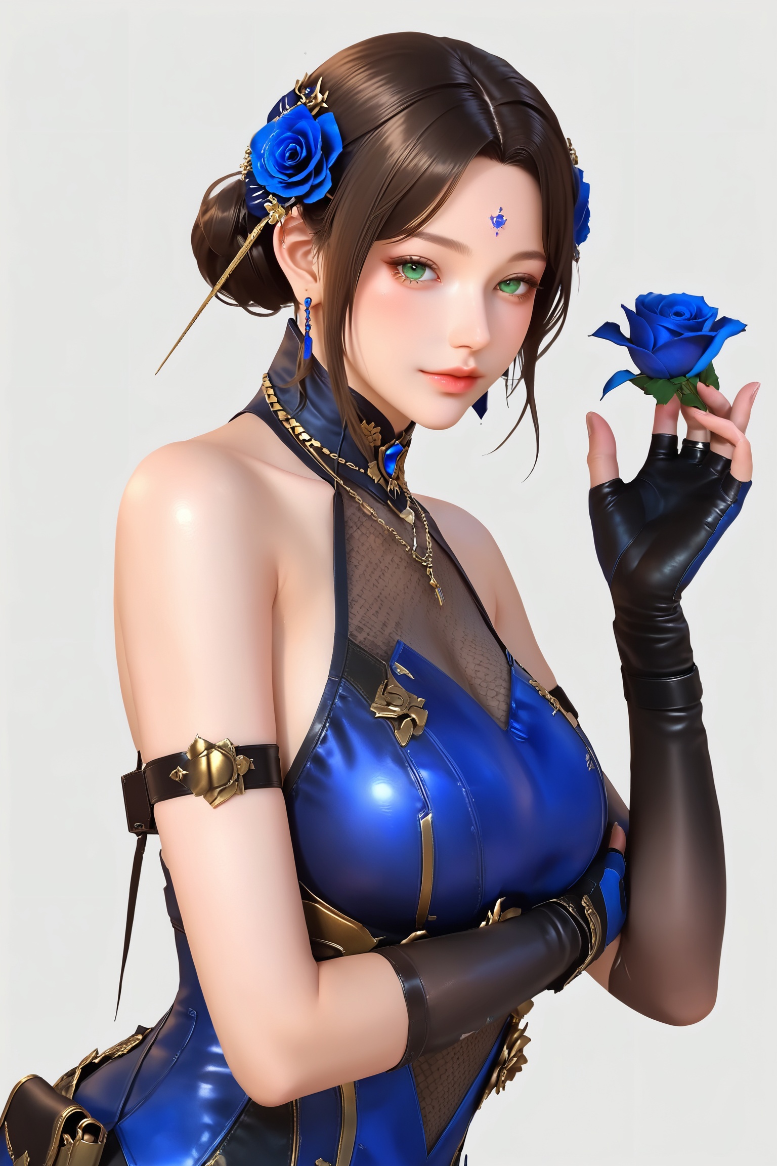 score_9,score_8_up,score_7_up,1girl,gloves,solo,green eyes,blue flower,jewelry,forehead mark,hair ornament,brown hair,earrings,flower,looking at viewer,facial mark,hair flower,blue rose,elbow gloves,hair bun,fingerless gloves,white background,breasts,blue dress,black gloves,rose,closed mouth,necklace,simple background,arm strap,<lora:N步练师保卫者THV3:0.8>,