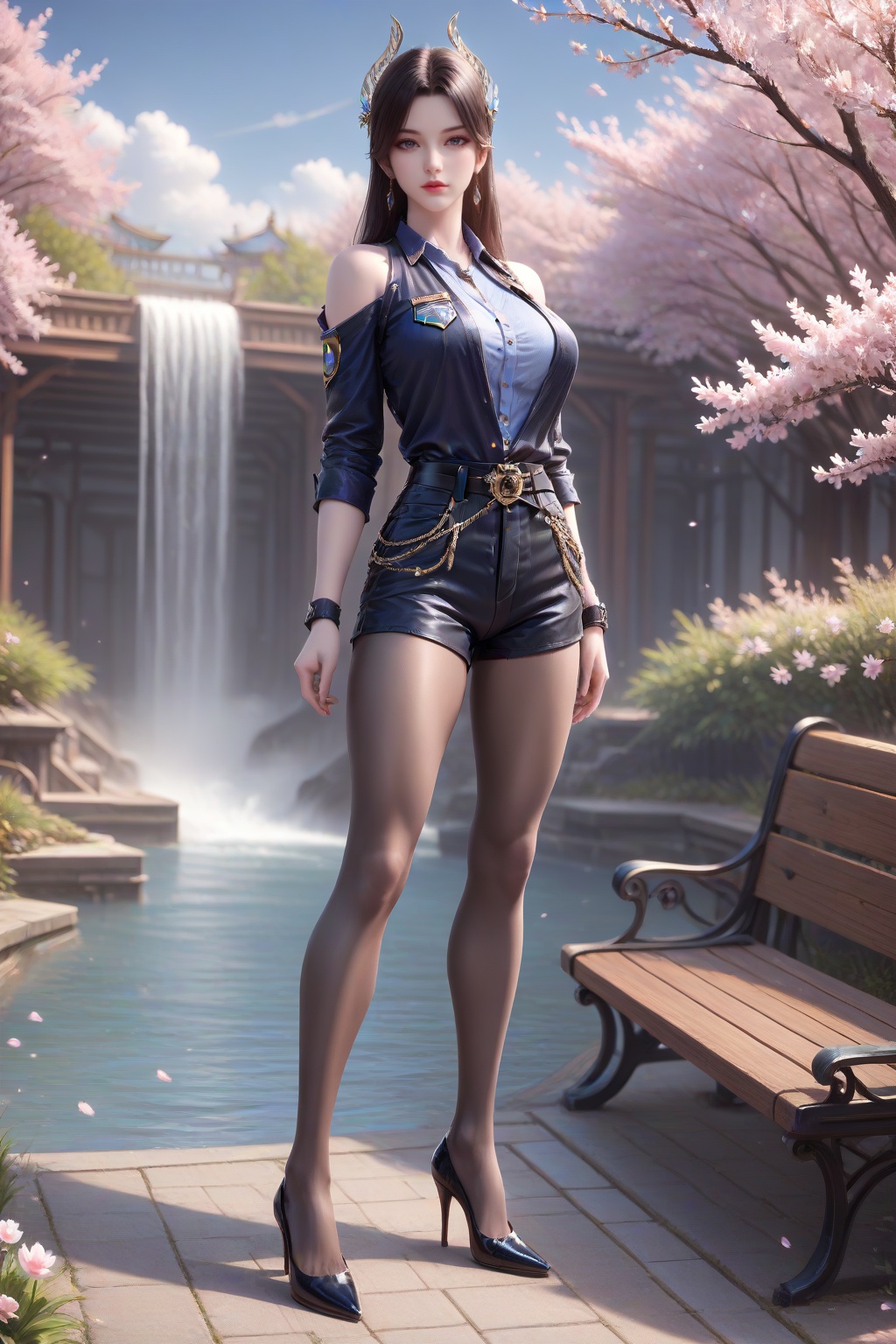 <lora:caoying_v2-000032:0.5>,caoying,1girl,long hair,hair ornament,solo,lips,lipstick,water,earrings,jewelry,falling petals,petals,flower,bare shoulders,brown hair,branch,cherry blossoms,black hair,full body,standing,(legs apart:1.2),looking at viewer,dynamic pose,leaning back,arm support,(outdoors,day,waterfall,sky,cloud,park,park bench,lamppost,),masterpiece,highres,absurdres,best quality,8K,high-res detailed,(alternate costume:1.2),(police_uniform:1.2),puffy_shorts,looking at viewer,dynamic pose,outdoors,wall,sky,blue sky,cloud,<lora:sh-glossy_r2:0.5>,black_pantyhose,high heels,louboutin heels,black heels,red bottom heels,footwear,<lora:Louboutin_Heels__PONY:0.5>,<lora:LegLength&Muscular_400steps:1.5>,<lora:DetailedEyes_V3:0.5>,