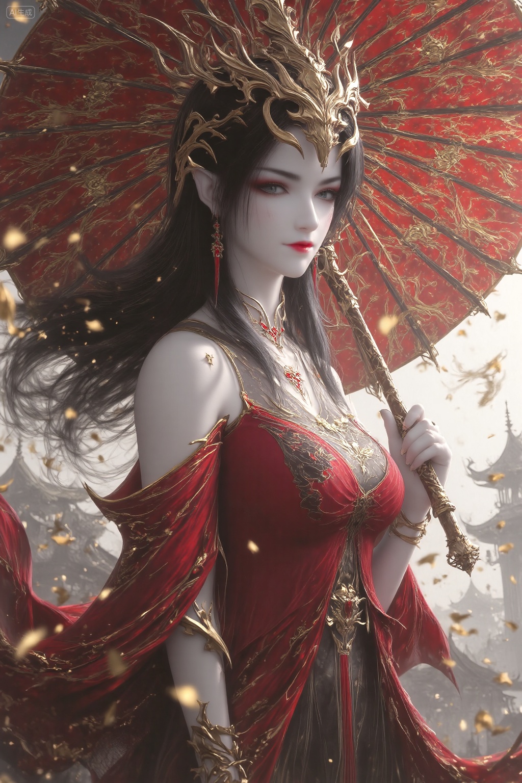 A highly detailed CGI image of a pale-skinned woman with long black hair,adorned with a golden,ornate crown and matching jewelry. Her piercing blue eyes and red lips stand out against her fair complexion. The background is blurred,focusing attention on her serene,almost ethereal expression.,, She stands gracefully,holding a decorative umbrella in her right hand,which is extended outward. Her left hand gently touches the umbrella's shaft. Her posture is upright and poised,with her head slightly tilted downward and her gaze directed to the side,creating an air of serene elegance and mystery.,The background features a traditional Chinese pagoda and golden,glowing particles. The style is highly detailed and realistic,with a fantasy element.,, Negative prompt: ng_deepnegative_v1_75t,(badhandv4:1.2),EasyNegative,(worst quality:2),,nsfw, Steps: 30, Sampler: DPM++ 2M, CFG scale: 3.5, Seed: 3109925555, Size: 1024x1536, Model hash: 062dad72b2, Model: 麦橘超然majicFlus_v1.safetensors, Denoising strength: 0, RNG: CPU, Lora 1: 20250821-1755788133194-0010, Lora Hash 1: f8bdbaa688, Lora Weight 1: 1.05, Lora 2: 《墨染冥照》|古风插画|唯美意境画风系列, Lora Hash 2: 0c05ef6259, Lora Weight 2: 0.7, vae_name: automatic