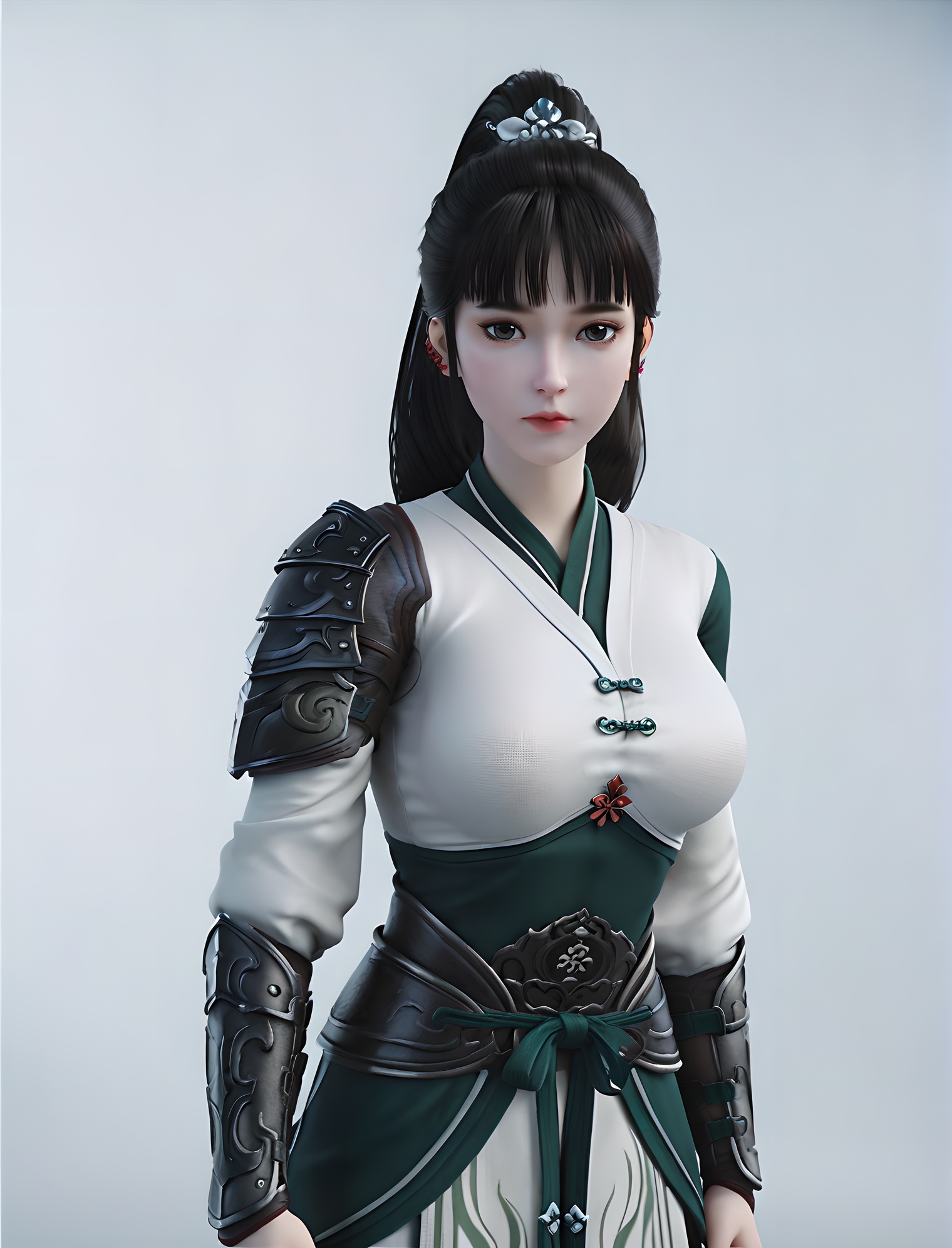 fair_skin,white_skin,Ivory_skin,score_9,<lora:SF_RuanXiu_Pony_Realism-000004:0.7>,hair ornament,black hair,1girl,standing,breasts,large breasts,ponytail,armor,chinese clothes,black eyes,solo,looking at viewer,simple background,