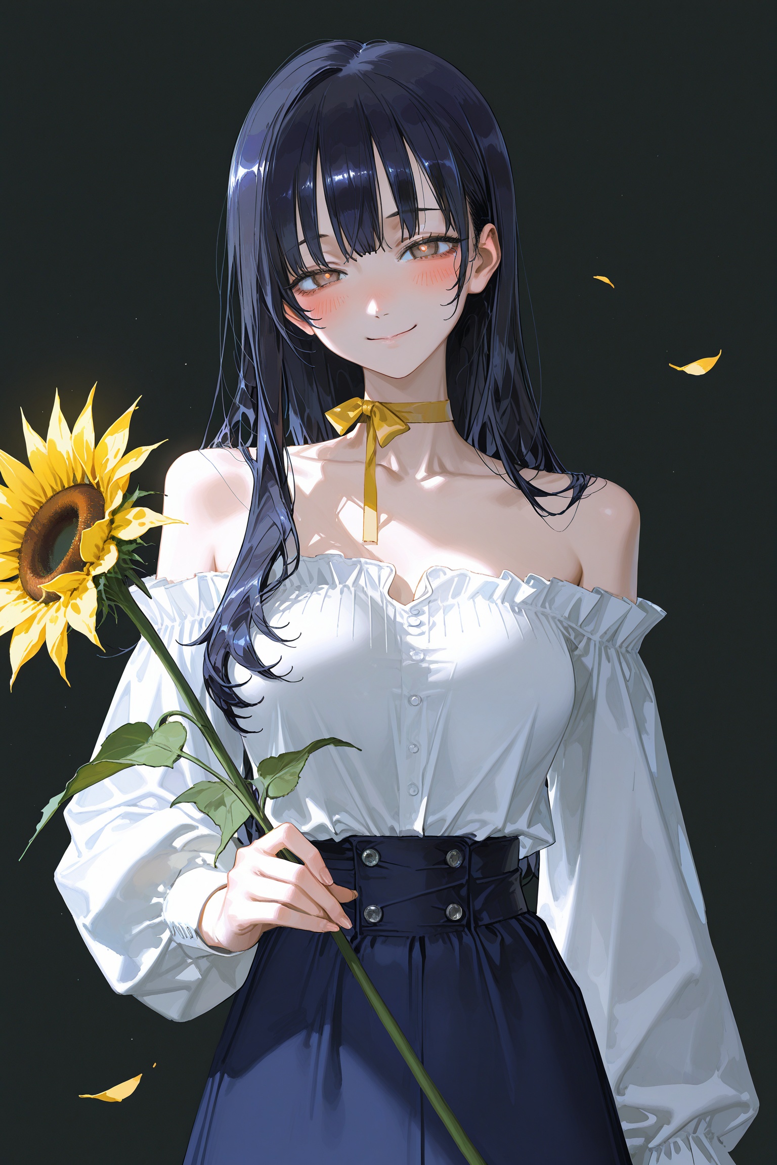 1girl,solo,yamada anna,boku no kokoro no yabai yatsu,brown eyes,long hair,black hair,dark blue hair,holding,skirt,flower,smile,blue skirt,long sleeves,off-shoulder shirt,shirt,yellow flower,white shirt,closed mouth,holding flower,puffy sleeves,sunflower,bow,collarbone,blush,looking at viewer,petals,bare shoulders,off shoulder,puffy long sleeves,ribbon,yellow bow,striped bow,striped,choker,ribbon choker,yellow ribbon,breasts,neck ribbon,masterpiece,best quality,good quality,newest,absurdres,glowing,yoneyama mai,diyokama,amano yoshitaka,quasarcake,dino \(dinoartforame\),