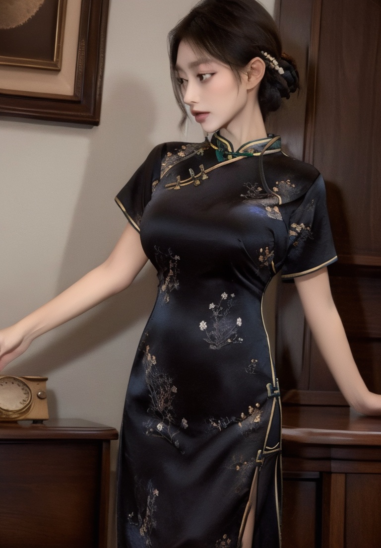 (best quality:1.4),(masterpiece:1.3),finely detailed,big breasts,1girl,solo,standing,<lora:性感黑丝绣花旗袍制服套装15-000008:0.75>,china dress,chinese clothes,dress,floral print,(cowboy_shot:1.2),(front view),<lora:完美纯欲少女脸型-000006:0.75>,