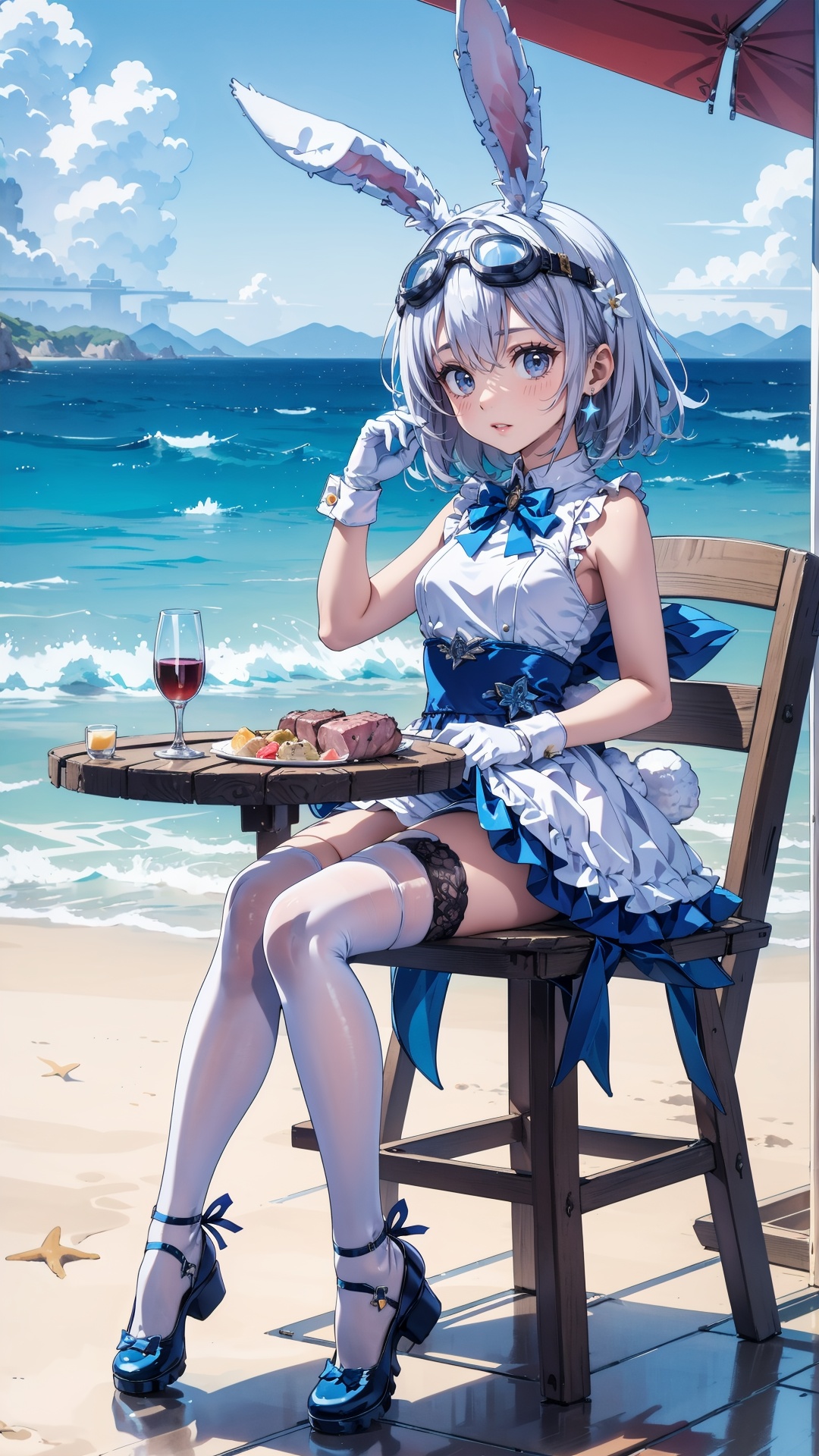 tutututu,1girl,solo,rabbit ears,white dress,white gloves,blue footwear,goggles on head,sleeveless dress,bangs,blue bow,white hair,short hair,white thighhighs,<lora:SY-000010:0.7>,sunny,To play by the sea, Bathing on the beach, Camping, picnicking, feeling the wind.In Hainan, you can Set up tables and chairs, put up a canopy, have wine and meat listen to the wind sleep. At this time mood at this time day, light master,（maomika:1.2）,(cat:1.2), watercolor \(medium\)