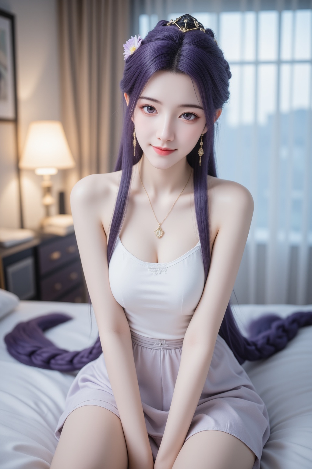 The image is a high-resolution photograph of a young woman,smirk,jewelry,raiden shogun,indoors,solo,hair ornament,necklace,braid,flower,long hair,sitting,blurry,earrings,purple hair,purple eyes,looking at viewer,on bed,window,lamp,bedroom,bed,short skirt,curtains,white camisole,hair flower,nose,lips,braided ponytail,realistic,
