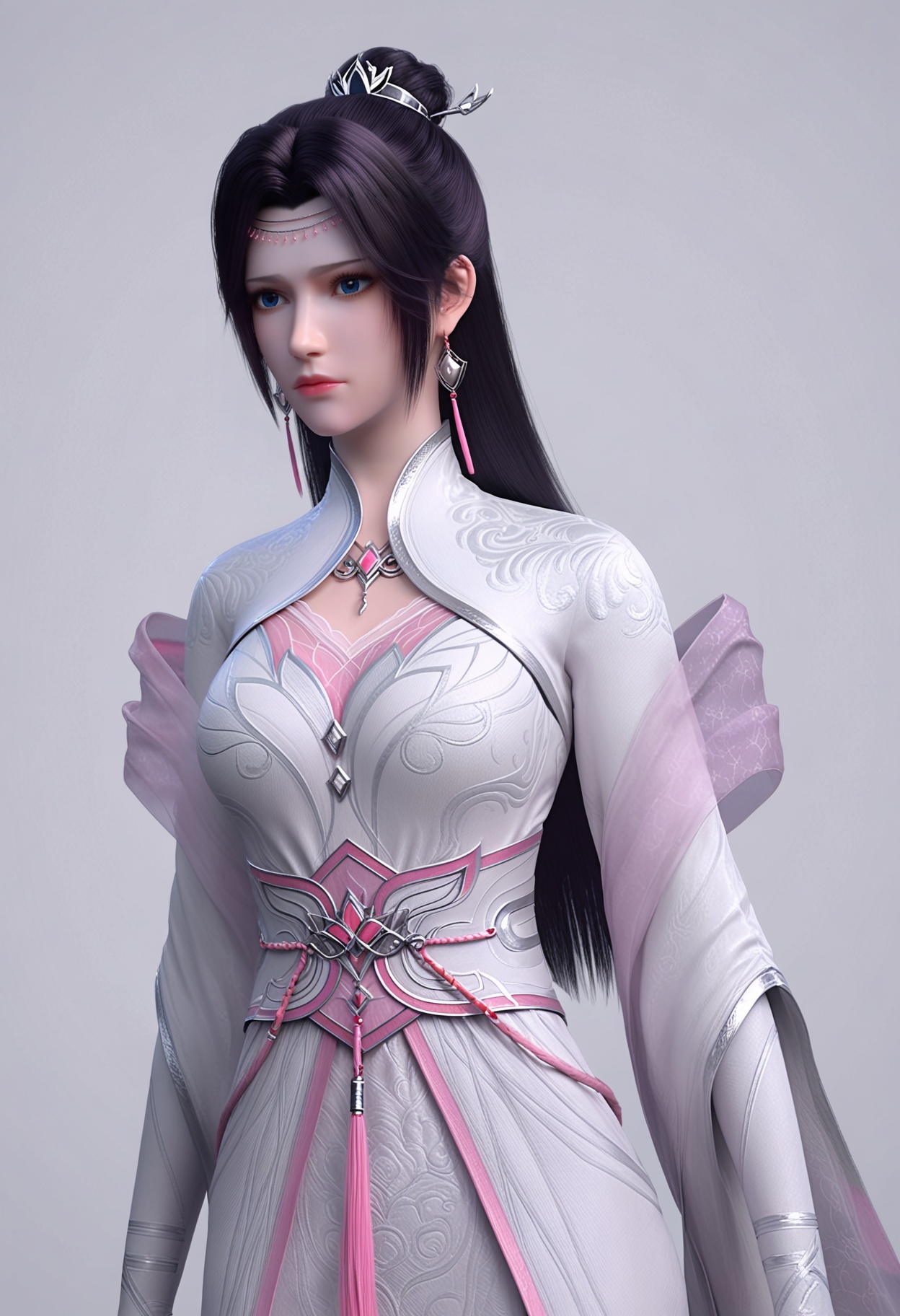 score_9,high detail,best quality,shiny skin,shiny,yunyunhz,1girl,solo,blue eyes,long hair,black hair,white background,dress,jewelry,earrings,chinese clothes,simple background,closed mouth,realistic,hair ornament,white dress,expressionless,hair bun,tassel,long sleeves,looking at viewer,thighs,<lora:QQSponyyunyunhzV1:0.8>,<lora:Pony_DetailV2.0:0.8>,<lora:皮肤凹痕:0.1>,