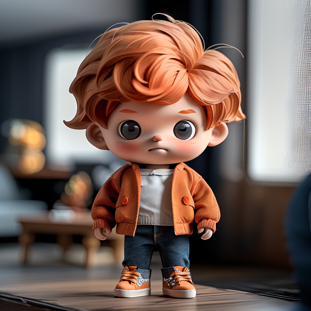 maoxr,1boy,blurry background,solo,pants,male focus,orange footwear,looking at viewer,sweater,denim,full body,jacket,orange hair,standing,long sleeves,black eyes,jeans,blush,arms at sides,personification,straight-on,closed mouth,open clothes,sneakers,blue pants,indoors,<lora:MAOXR-1.5:0.75>,