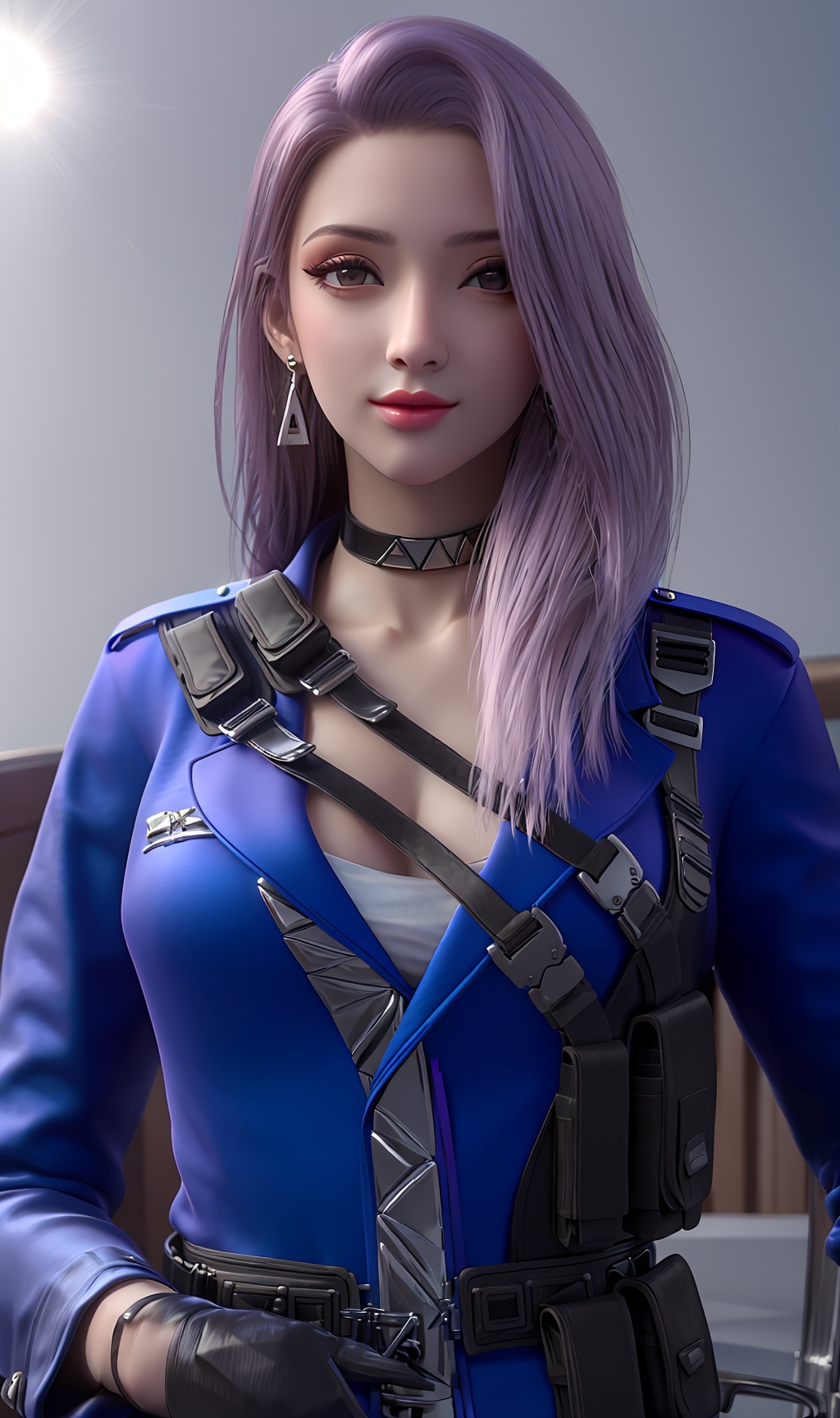 3D,masterpiece,(best quality),(makeup),official art, extremely detailed cg 8k wallpaper,((crystalstexture skin)), (extremely delicate and beautiful),(highly detailed),(1girl), (solo), (jewelry), (earrings),(purple__hair),(long_hair),(hair_ornament),(handwear),(standing),(breast:1.000),(cleavage:1.000),,,((upper_body)),(collar:1.000),(gloves:1.000),(policewoman:1.000),(chinese_clothes:1.000),(blue_dress:0.999),,(multicolored_clothes:1.000),(multicolored_dress:1.000),,(gloves:1.000),(belt:0.999),,(blue_jacket:1.000),(coat:1.000),(sunshine, outdoor),((looking_at_viewer)),((Facing the camera)), , <lora:hipoly3DModelLora_v10:0.3>