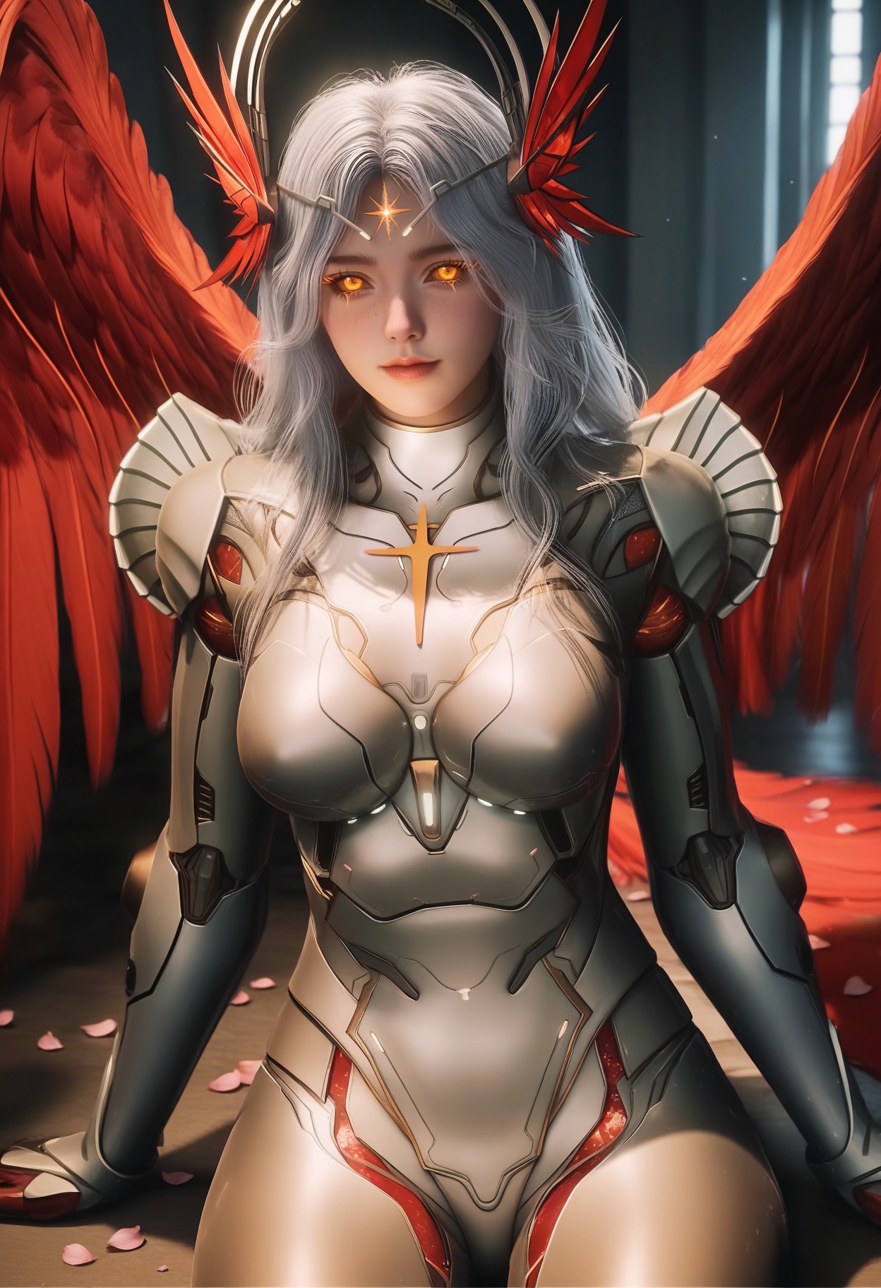 masterpiece,best quality,amazing quality,very aesthetic,high resolution,ultra-detailed,absurdres,scenery,photorealistic,(looking at viewer:1.1),(Dark room:1.3),(moody lighting:1.1),peach blossom,falling petals,(large breasts:0.8),xinghuanwang,1girl,solo,long hair,lips,grey hair,yellow eyes,armor,hair ornament,forehead mark,bodysuit,glowing eyes,shoulder armor,circlet,freckles,headgear,orange eyes,head wings,horns,breastplate,pauldrons,colored sclera,wings,red wings,feathered wings,feet BREAK photorealistic details,<lora:QQSillxinghuanwangV1:0.8>,