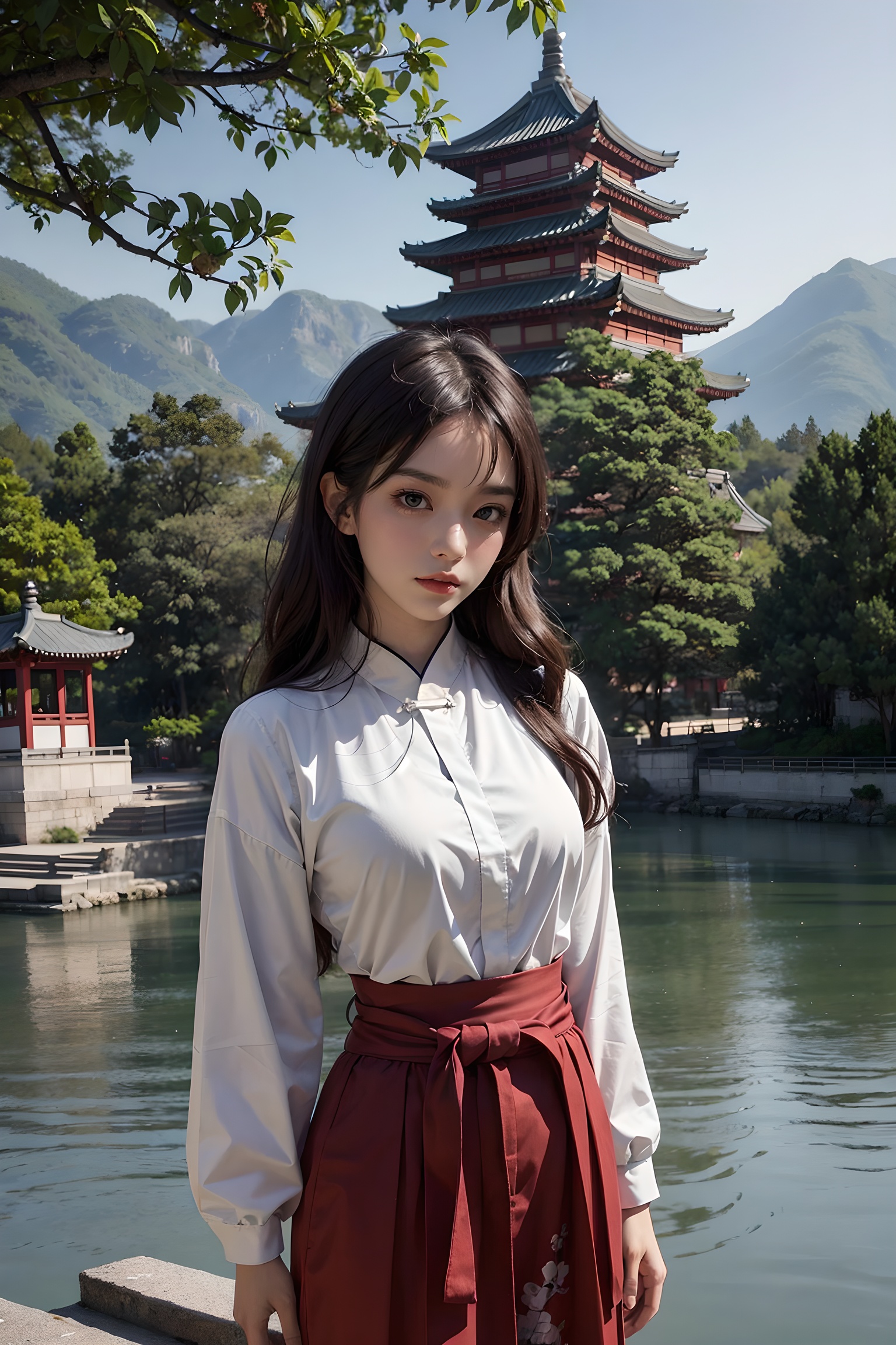 Character as the main body,HighestQuali,blurry background,detailed detail,one-girl,long whitr hair,Body shots,a skirt,dfsy,a painting of a chinese landscape with a pagoda and trees in the background and a lake in the foreground,tree,bare_tree,traditional pavilion,ink and wash,chinese architecture,architecture,outdoors,building,bridge,