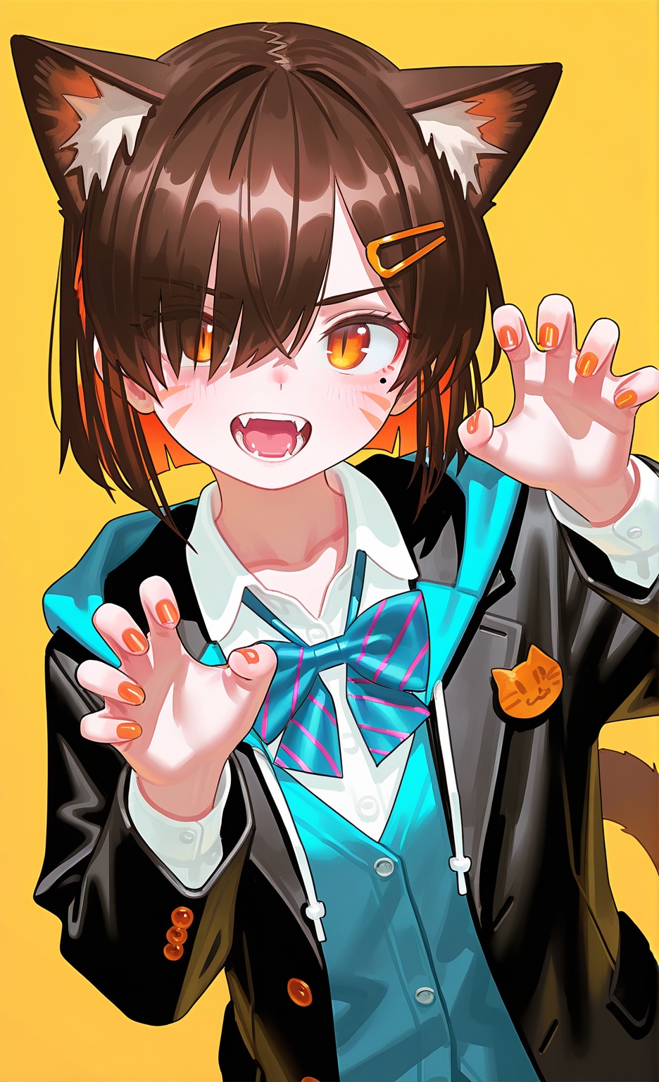 masterpiece,best quality,1girl,solo,animal ears,bow,teeth,jacket,tail,open mouth,brown hair,orange background,bowtie,orange nails,simple background,cat ears,orange eyes,blue bow,animal ear fluff,cat tail,looking at viewer,upper body,shirt,school uniform,hood,striped bow,striped,white shirt,black jacket,blue bowtie,fingernails,long sleeves,cat girl,bangs,fangs,collared shirt,striped bowtie,short hair,tongue,hoodie,sharp teeth,facial mark,claw pose,hooded jacket,blue hoodie,yellow background,hair ornament,paw ornament,tail raised,dress shirt,hairpin,slit pupils,hair over one eye,arm behind back,striped clothes,whisker markings,hand up,, masterpiece,best quality,amazing quality,very aesthetic,absurdres,newest,scenery，masterpiece, best quality, amazing quality, very aesthetic, absurdres, newest,, (reoen:2),(adpx:1.5),(shexyo),(asakuraf:1.5),(tianliangduohefangdongye:1),(m k:1.2),