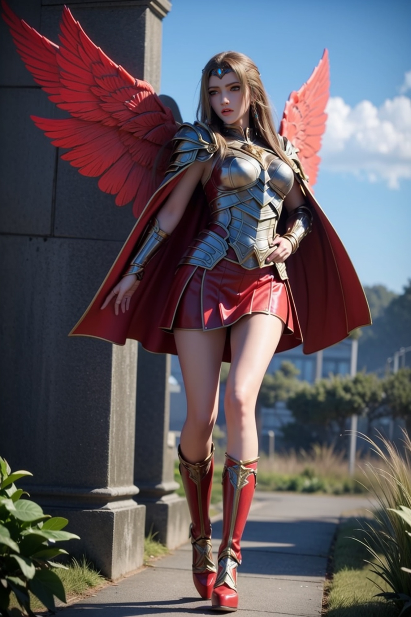 ultra realistic 8k cg,picture-perfect face,perfect face,beautiful face,masterpiece,fantasy,detailed background,realistic,perfect female body,curvy body,1girl,solo,cape,long hair,sky,full body,<lora:tianshiyan ji_20231028224811:0.55>,((red skirt)),outdoors,(thin legs),armor,red skirt,((wings:1.5)),