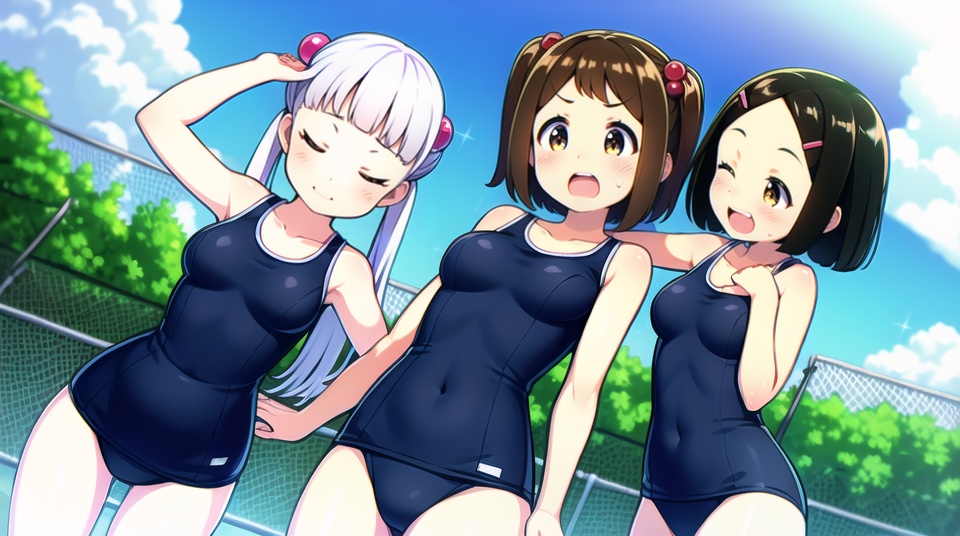 (best quality), ((masterpiece)), (highres), illustration, original, extremely detailed,  <lora:yongyiduoren:0.8>yyds, 3girls, multiple girls, breasts, hair ornament, school swimsuit, swimsuit, hairclip, open mouth, one-piece swimsuit, outdoors, smile, competition school swimsuit, one eye closed, black hair, short hair, hair bobbles, fence, day, twintails, small breasts, blue one-piece swimsuit, medium breasts, covered navel, yellow eyes, sky, blush, large breasts, closed eyes, white hair, collarbone, forehead, cloud, dutch angle, brown hair, chain-link fence, sweatdrop, looking at another, arm up, long hair, bangs pinned back