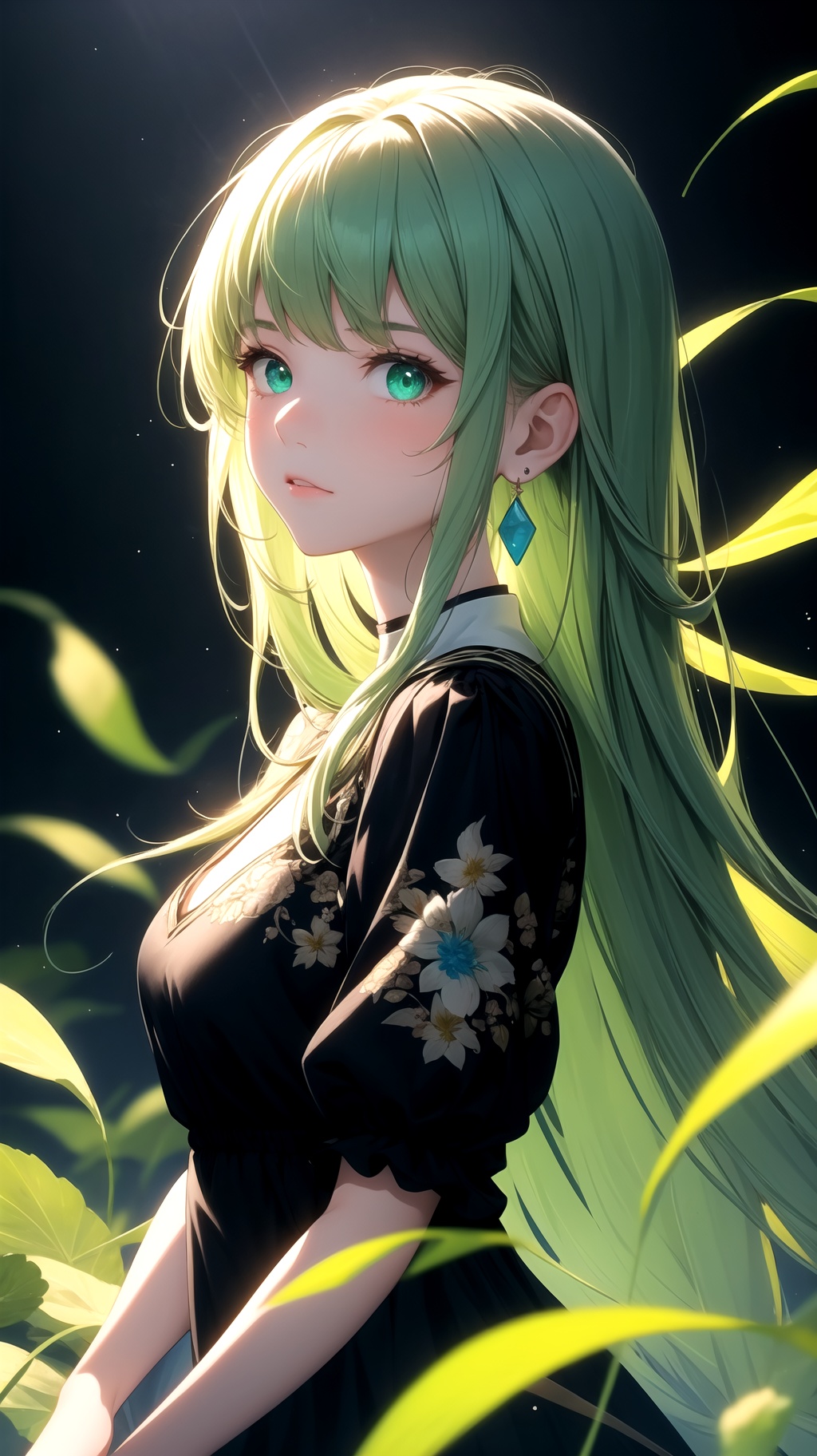 A beautiful girl with off-white long hair,  white luminous eyes,  green luminous earrings on Tensor.Art