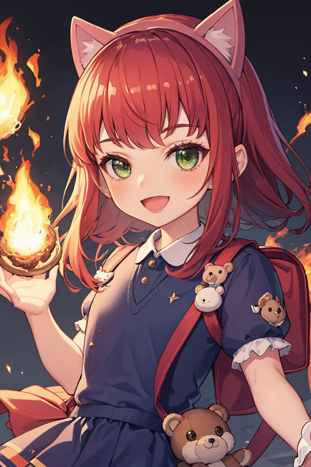 masterpiece,best quality, highly detailed, annie (league of legends),smile,1girl,fire,solo,randoseru,teddy bear,dress,open mouth,<lora:annie_(league_of_legends):1>