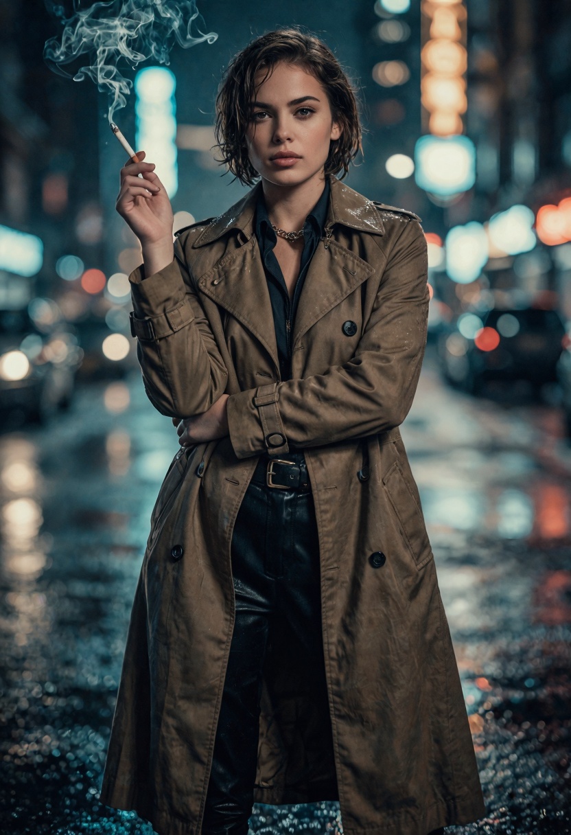 masterpiece,  female detective in a rainy noir city,  trench coat on Tensor.Art