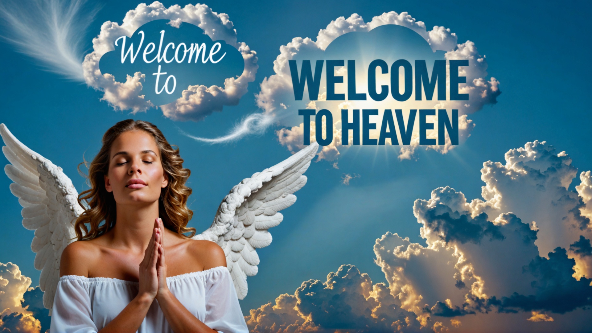 Photo of beautiful angel woman in clouds with text bubble that says "Welcome to Heaven" on Tensor.Art