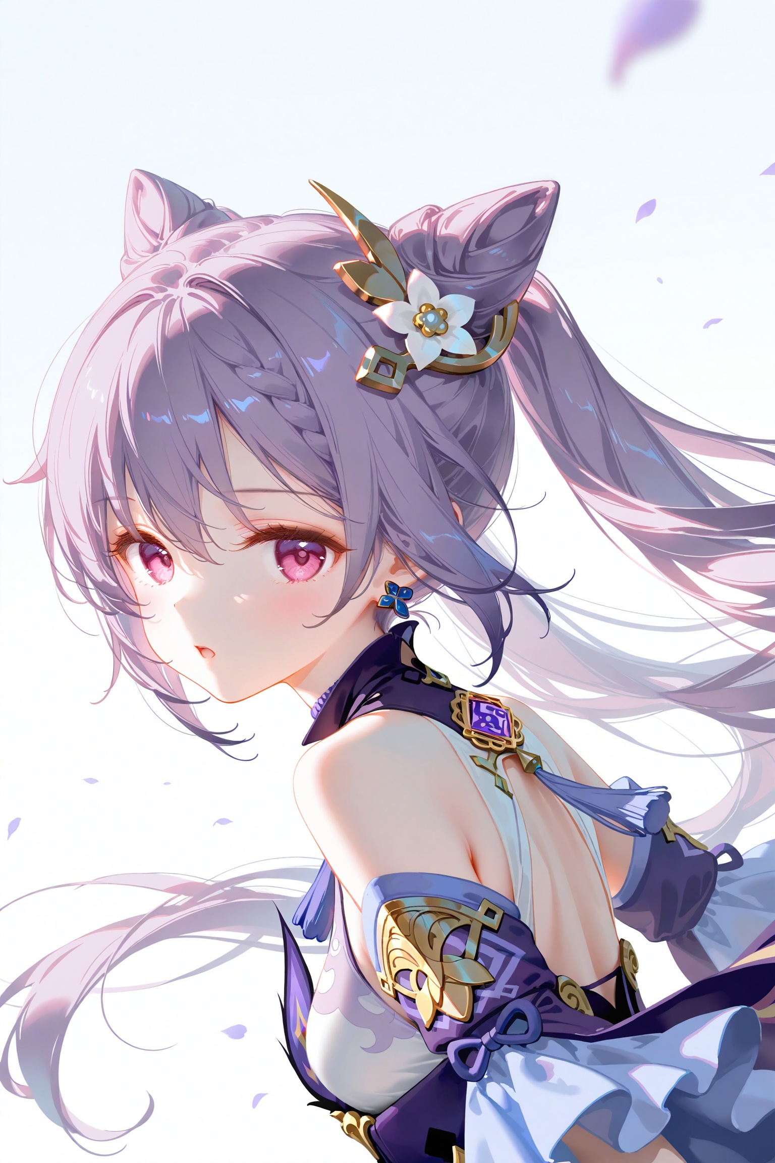 masterpiece,very aware,highres,absurdres,newest,best quality,loli,petite,high quality,chromatic_aberration,cinematic_angle,dutch angle,//,artist:ciloranko,artist:ningen_mame,artist:sho_(sho_lwlw),artist:rhasta,artist:wlop,artist:ke-ta,artist:hiten \(hitenkei\),//,1girl,keqing (genshin impact),solo,hair ornament,hair bun,purple hair,long hair,cone hair bun,twintails,looking at viewer,bare shoulders,hair flower,petals,detached sleeves,purple eyes,flower,dress,braid,breasts,looking back,upper body,white background,white flower,artist name,hair ears,double bun,parted lips,open mouth,medium breasts,simple background,very long hair,pink eyes,blurry,from behind,frills,frilled sleeves,falling petals,floating hair,purple dress,from side,hair between eyes,depth of field,:o,