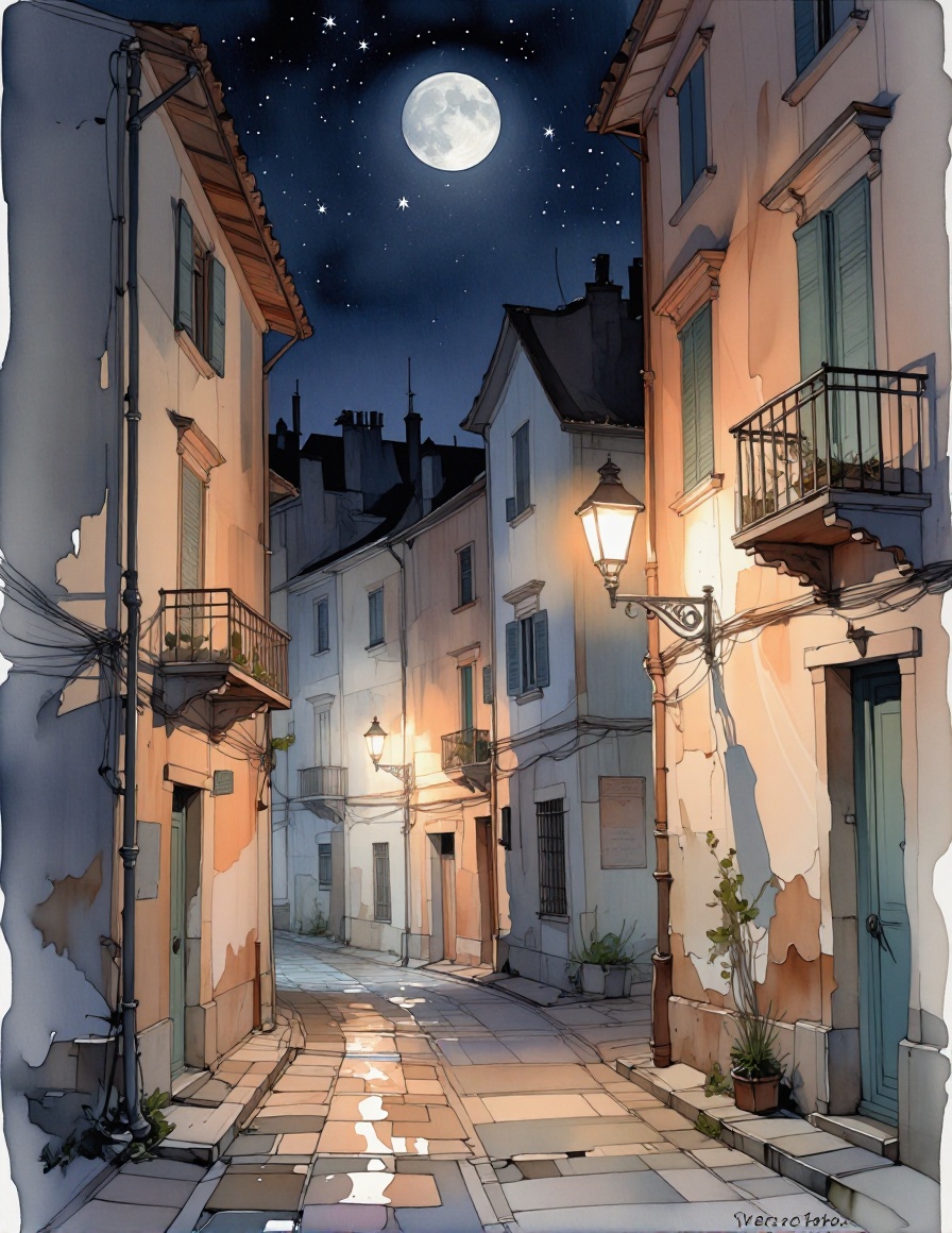 VarcoterolV7 art style — A serene nocturnal alleyway rendered in watercolor-inspired textures,  flanked by weathered Europ...